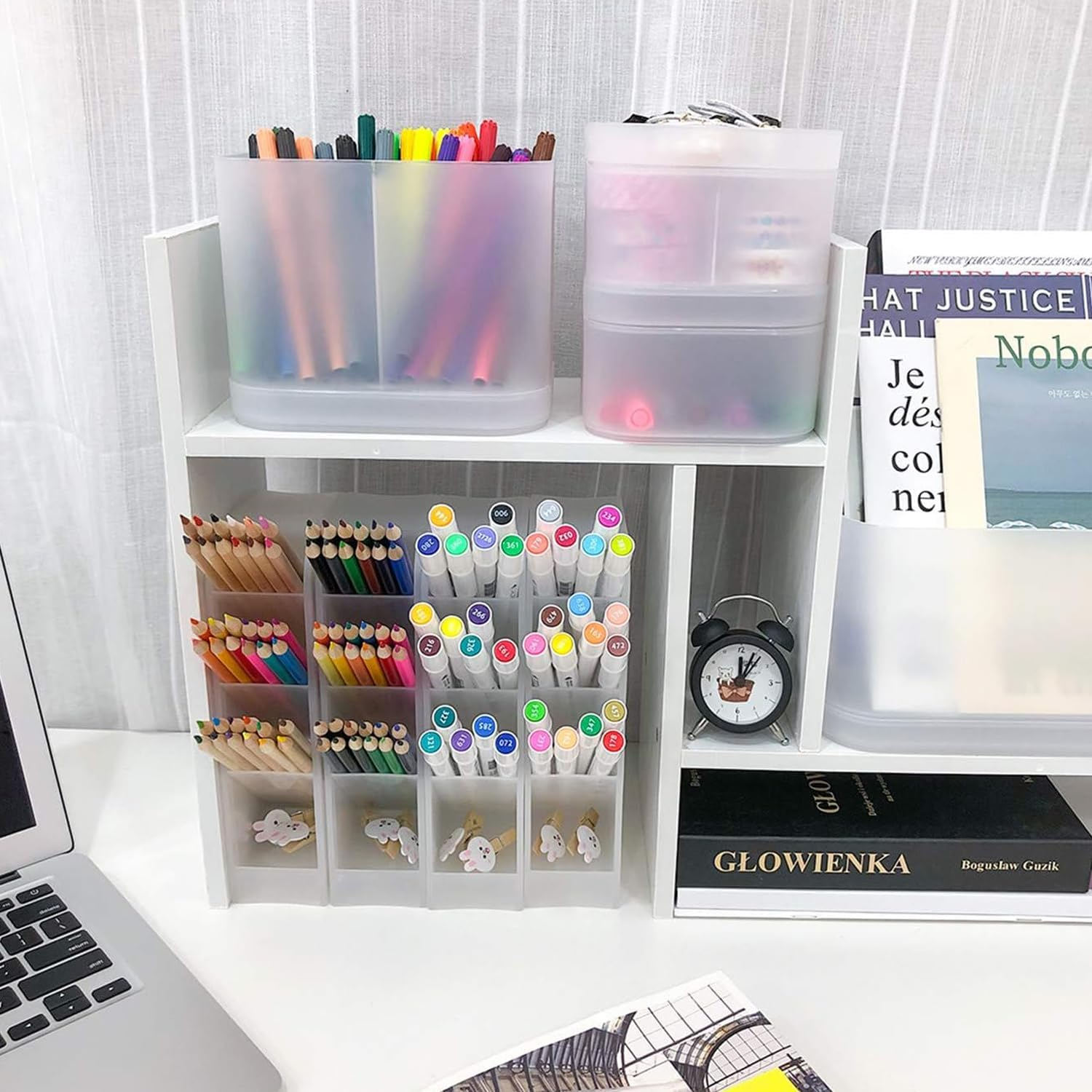 6 Pcs Pen Holder for Desk,Desk Organizer,4 Compartment Multifunctional Pen Storage Box,Pencil Case for Office,Storage,Makeup Brush Storage Box, School Supplies (Translucent White) image number 5