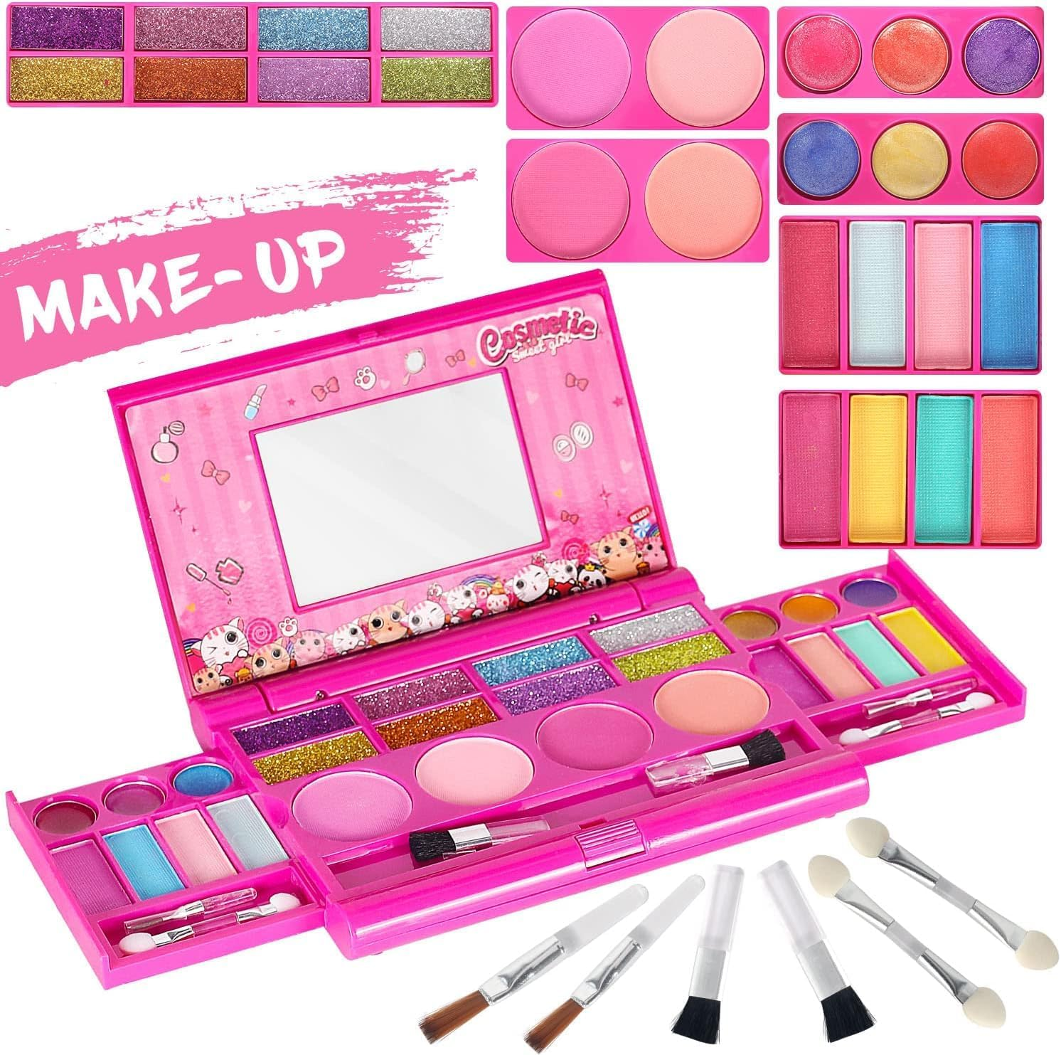 Kids Makeup Kit for Girls, Washable Makeup Girls Toy for Little Girl Princess, Play Make up Safety with Mirror, Beauty Christmas Birthday Toddler 3-12 Year Old Girls, Pink