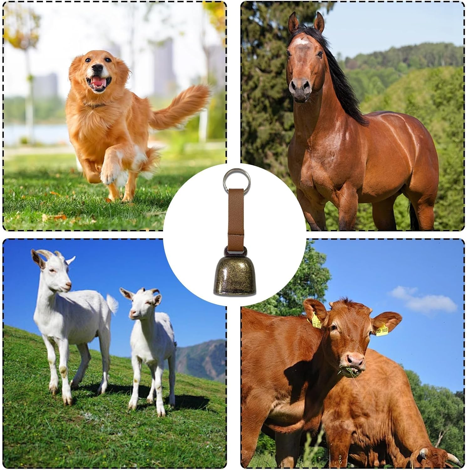 2 Pcs Small Cow Bell for Dog Collar with Leather Strap, Bear Warning Bell, Loud Cowbell, Anti-Lost Grazing Copper Training Bells, Pet Tracker Noise Maker for Puppies Cat Horse Sheep Goat image number 4