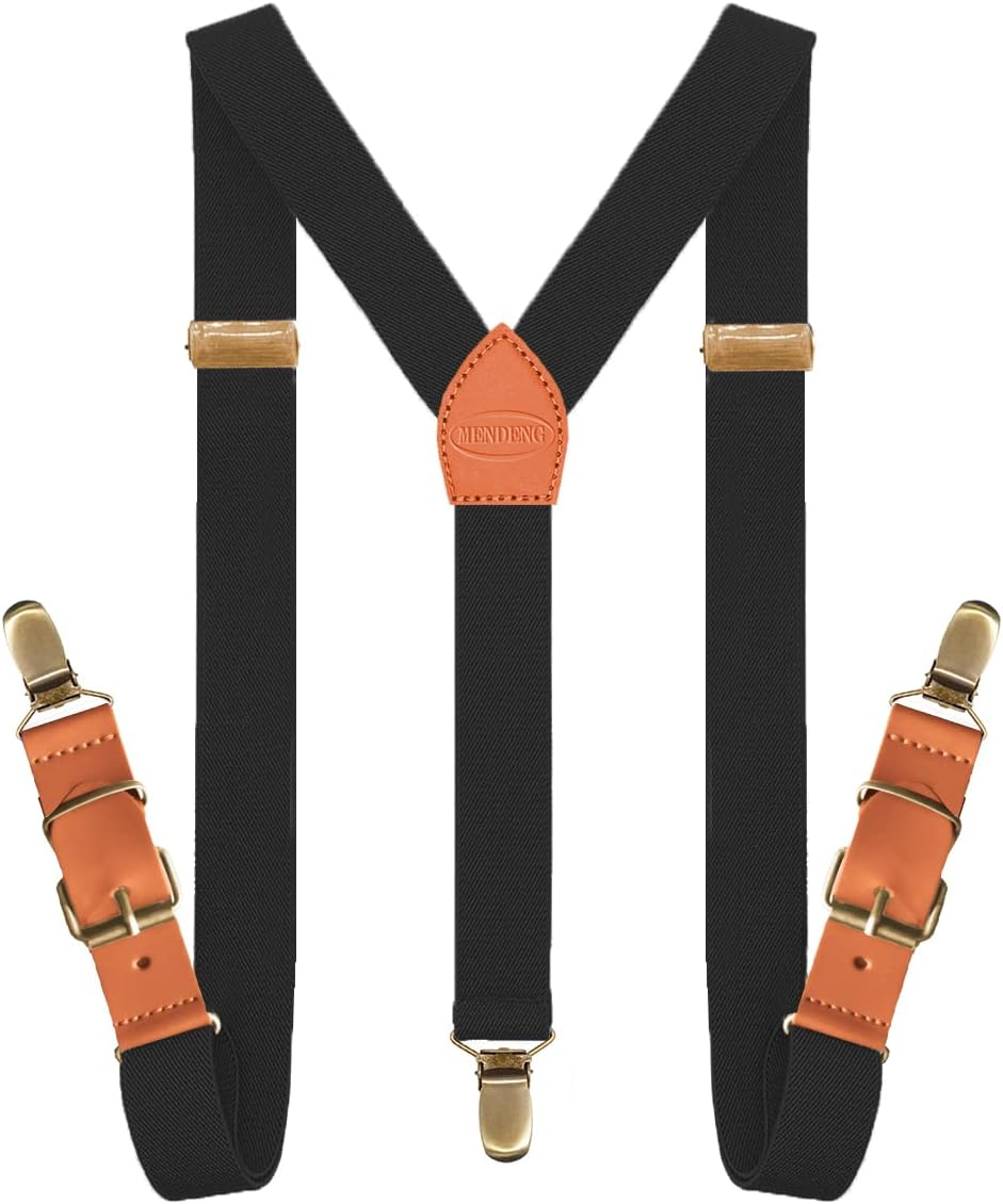 MENDENG Adjustable Suspenders for Men Bronze Metal Clips Braces with Leather