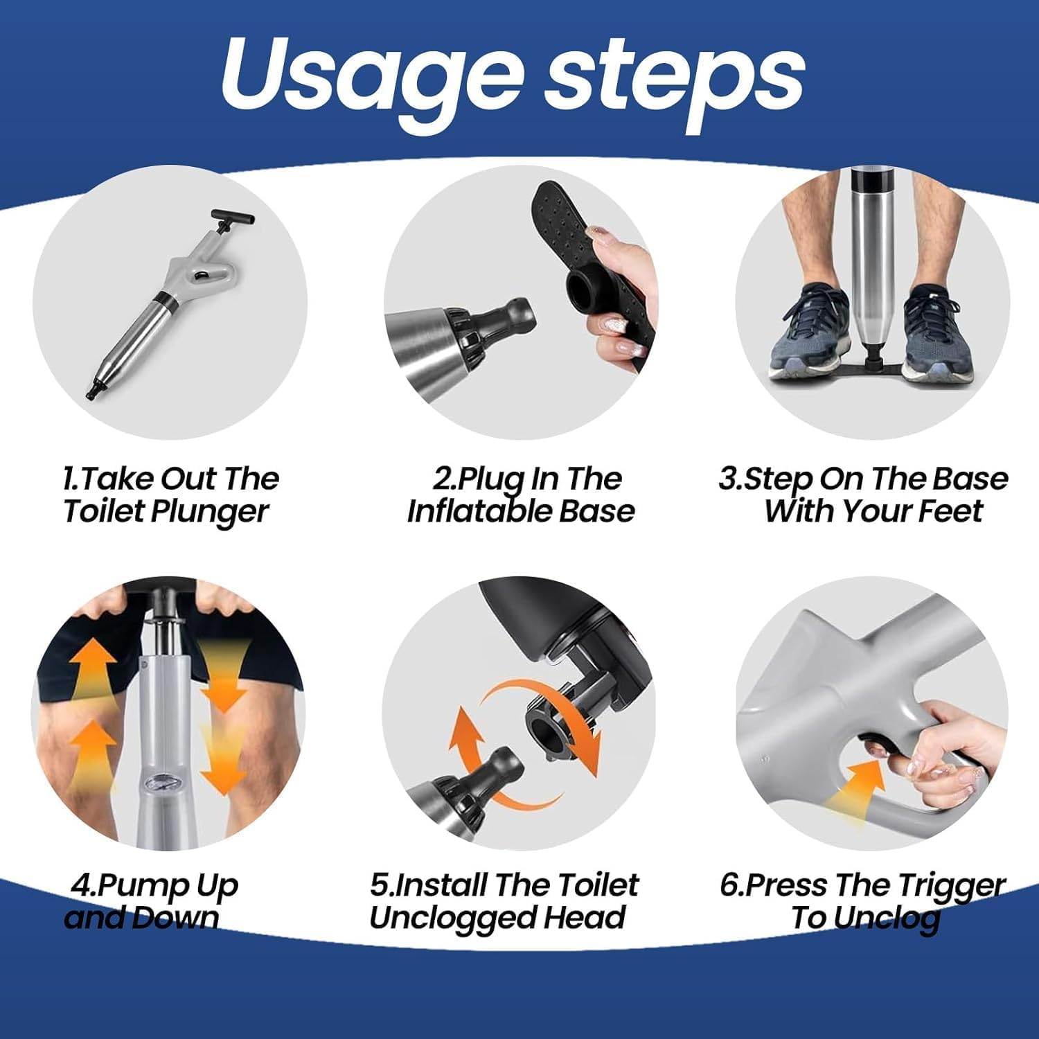 Toilet Plunger, High Pressure Drain Unclogging Tool, Stainless Steel Toilet Unclogger 4 Nozzle Attachments for Sink, Shower & Pipe Blockages | Visual Barometer | Easy-Store Design (Black) image number 5