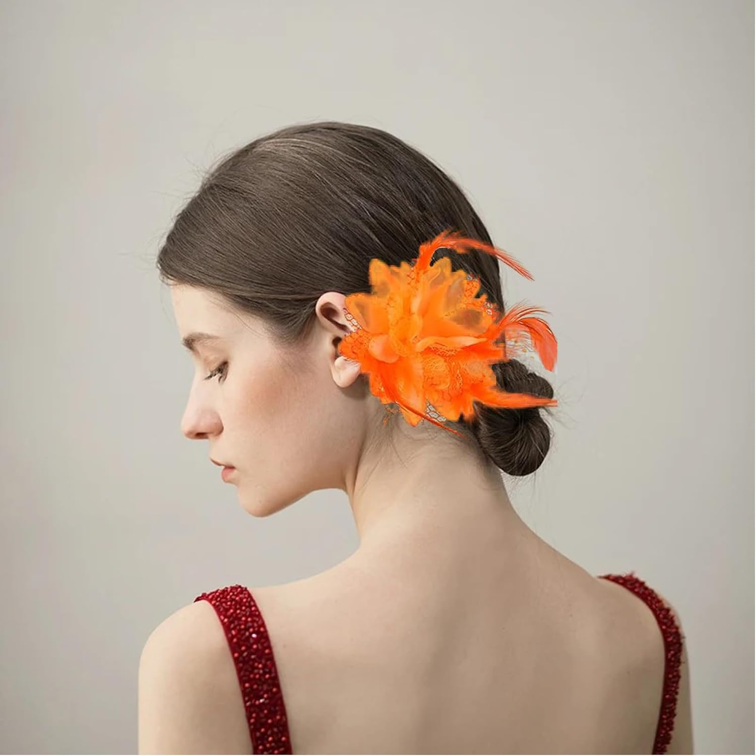 Pack of 2, Feather Flower Hair Clips, Orange Flowers 20S Hair Accessories, Women'S Feather Hair Clips, Cocktail Headwear, Women, for Carnival, Halloween, Cocktail, Wedding, Tea Party Accessories image number 2