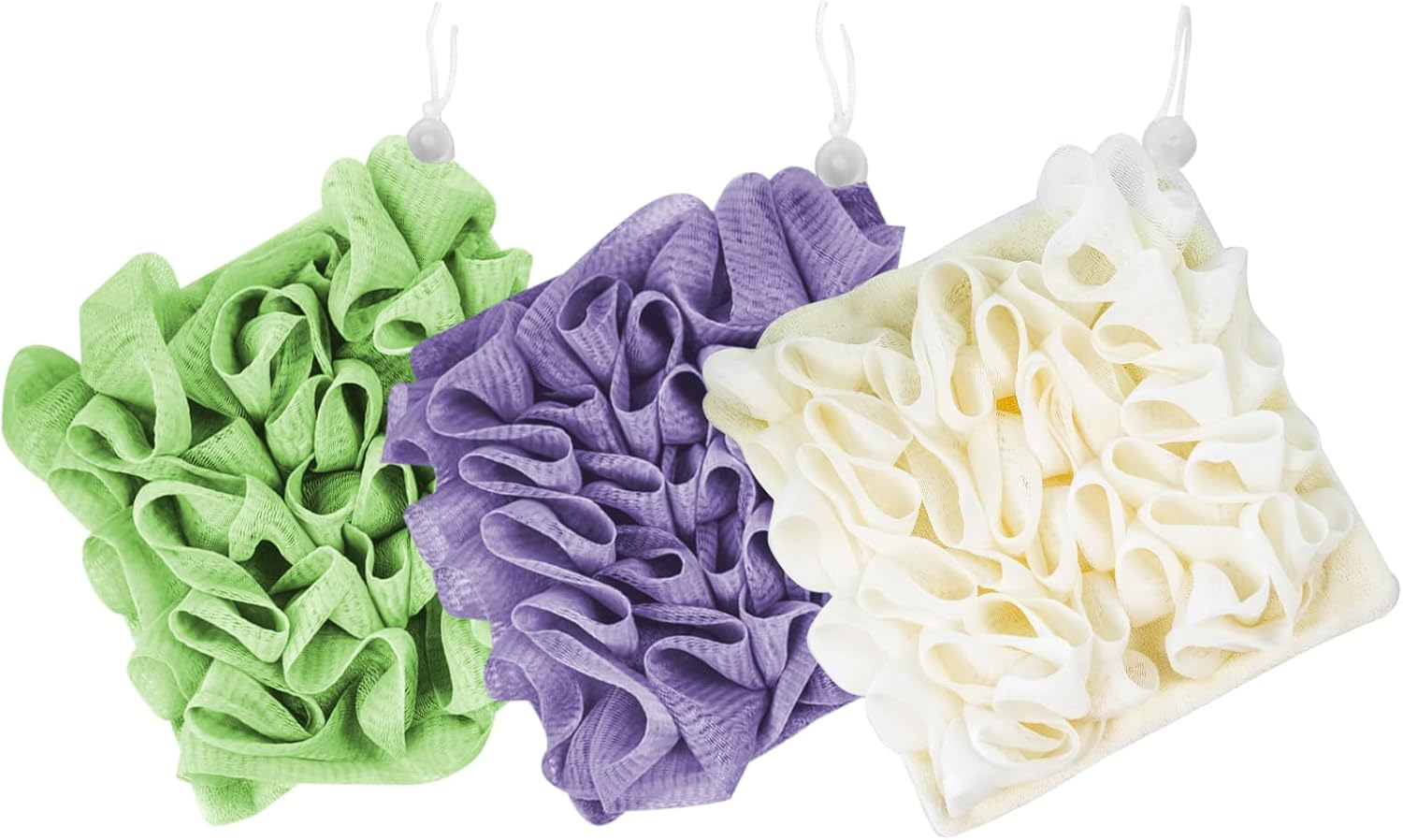 Reignsword 3 Pack 2-In-1 Washcloth Loofah Combo, Exfoliation Bath Loofah Sponge with Drawstring, Mesh Shower Ball for Body Wash and Cleanse Skin (Greeen+Purple+Beige) image number 5