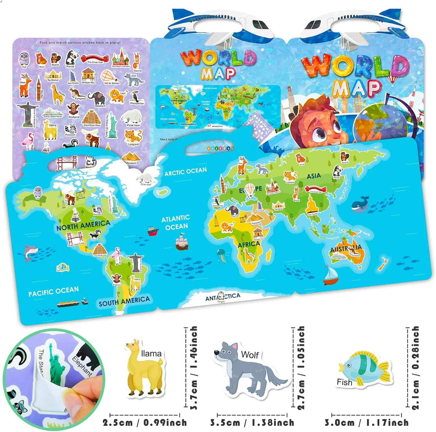 Reusable Sticker Book for Kids,37Pcs Stickers World Map Landmark Activity Education Learning Toys Books for Toddlers Girls Boys Age 3+ Birthday Gifts. (World Map) image number 5