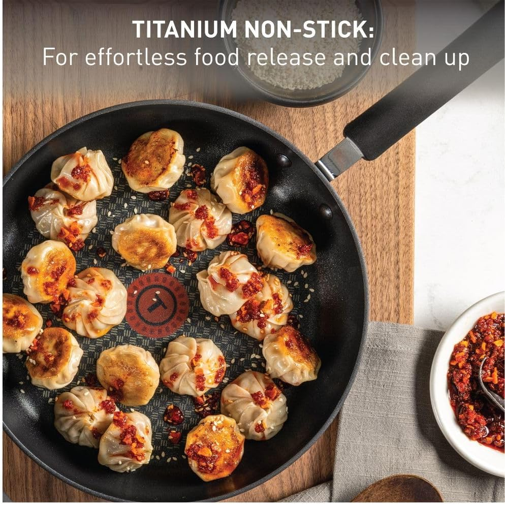 T-Fal E76597 Ultimate Hard Anodized Scratch Resistant Titanium Nonstick Thermo-Spot Heat Indicator Anti-Warp Base Dishwasher Safe Oven Safe PFOA Free Glass Lid Cookware, 10-Inch, Gray image number 3
