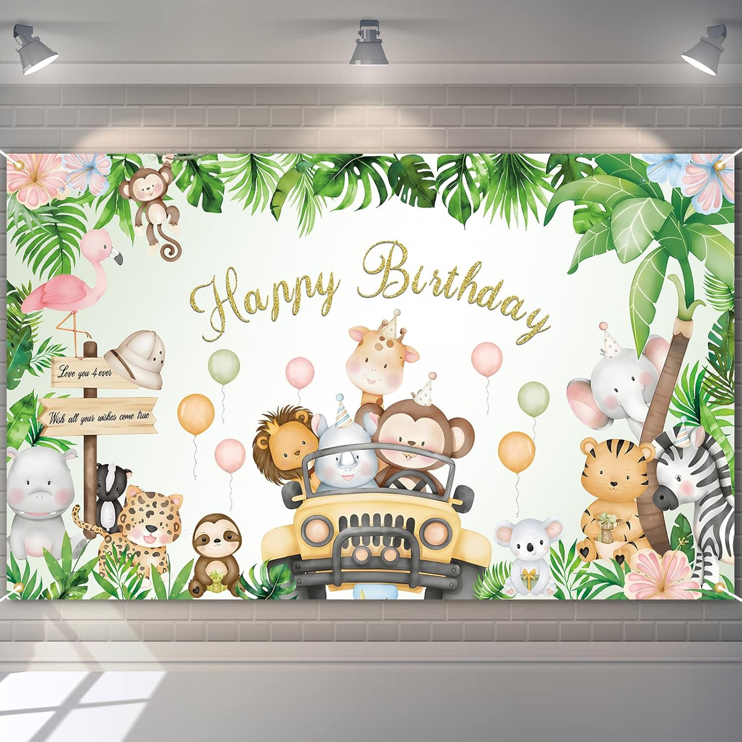 WVMNQO 6 * 3.6Ft Happy Birthday Banner, Jungle Animals Birthday Gifts for Boys and Girls, Reusable Birthday Decorations, Durable Party Decorations Backdrop, Party Supplies Photography Background image number 4