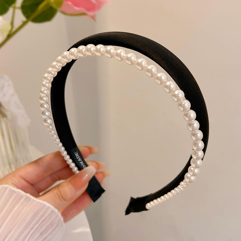 Black Padded Double Layer Headband White Pearl Headbands for Women Girls Pearl Puffy Head Band Layered Head Bands Pearls Hair Hoop Band Faux Pearl Headband Sponge Headbands image number 2