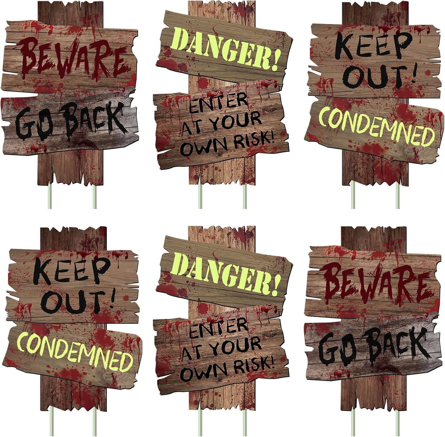 Halloween Decorations Outdoor Beware Yard Signs Stakes Creepy Assorted Warning Sign, Scary Zombie Theme Party Decor Supplies, Halloween Party Decorations, 6 Pieces, 22 X 30 CM (A)