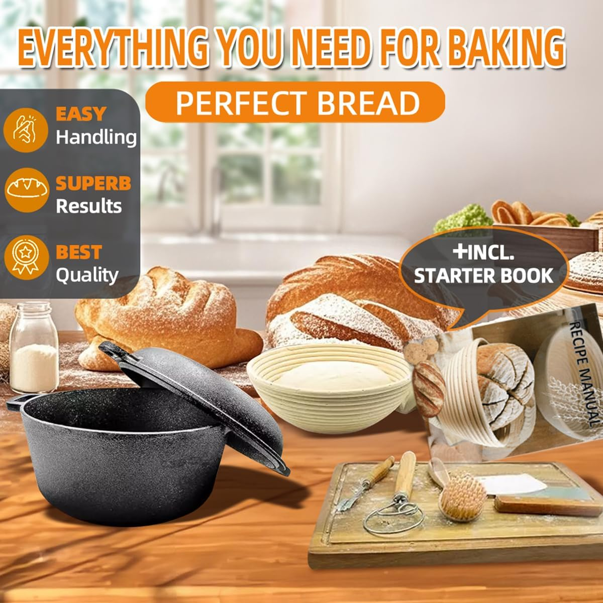 9SHOME Cast Iron Dutch Oven Pot for Bread Baking, Cast Iron Cookware with Dual Handles Skillet Lid, Includes Sourdough Supplies & Banneton Proofing Basket, Versatile Pan for Frying, Braising, BBQ, 5QT image number 5