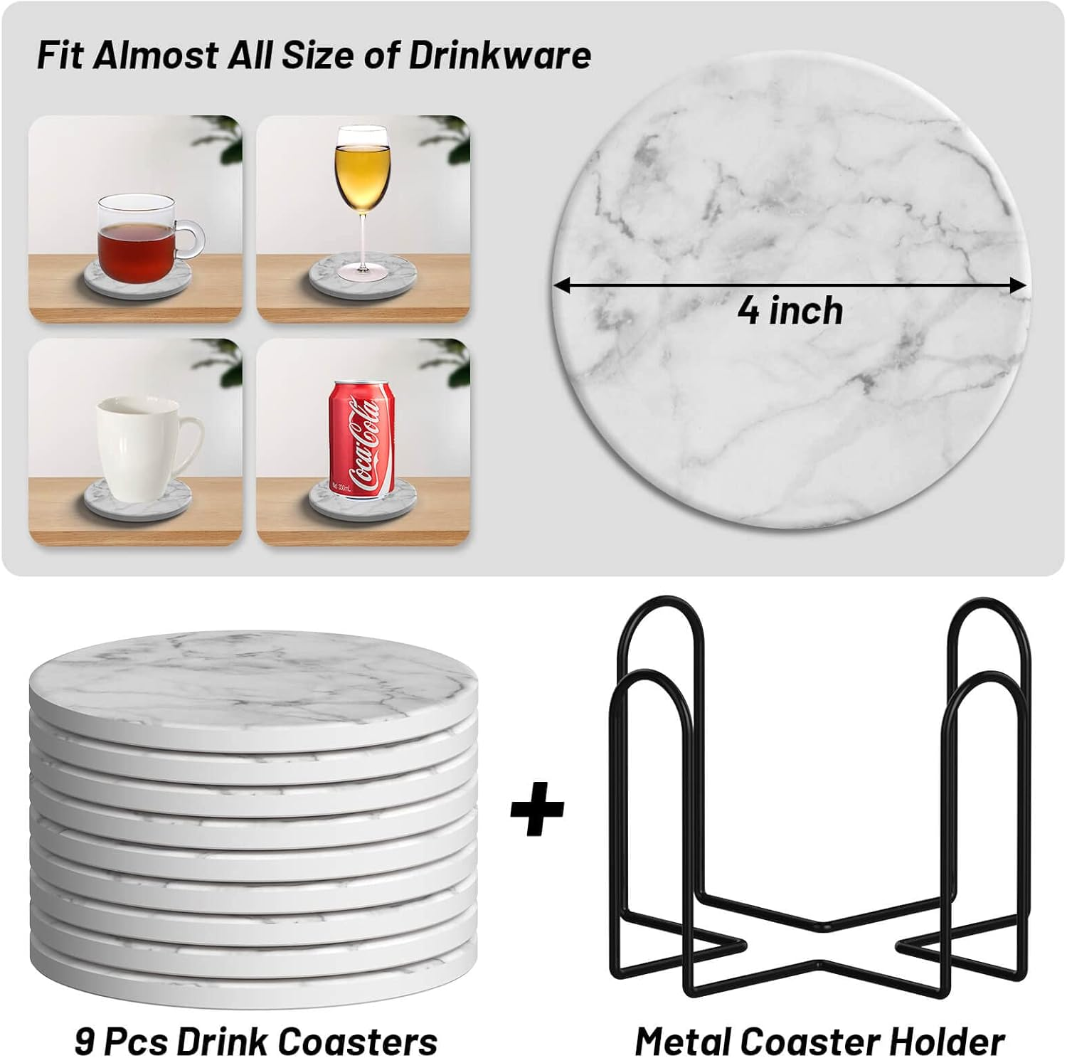 Billbotk 9 Pieces Ceramic Coasters for Drinks with Holder, Absorbent Drink Coasters for Coffee Table, Marble Style Coasters Wooden Table, Suitable for Kinds of Cups, 4 Inches image number 3