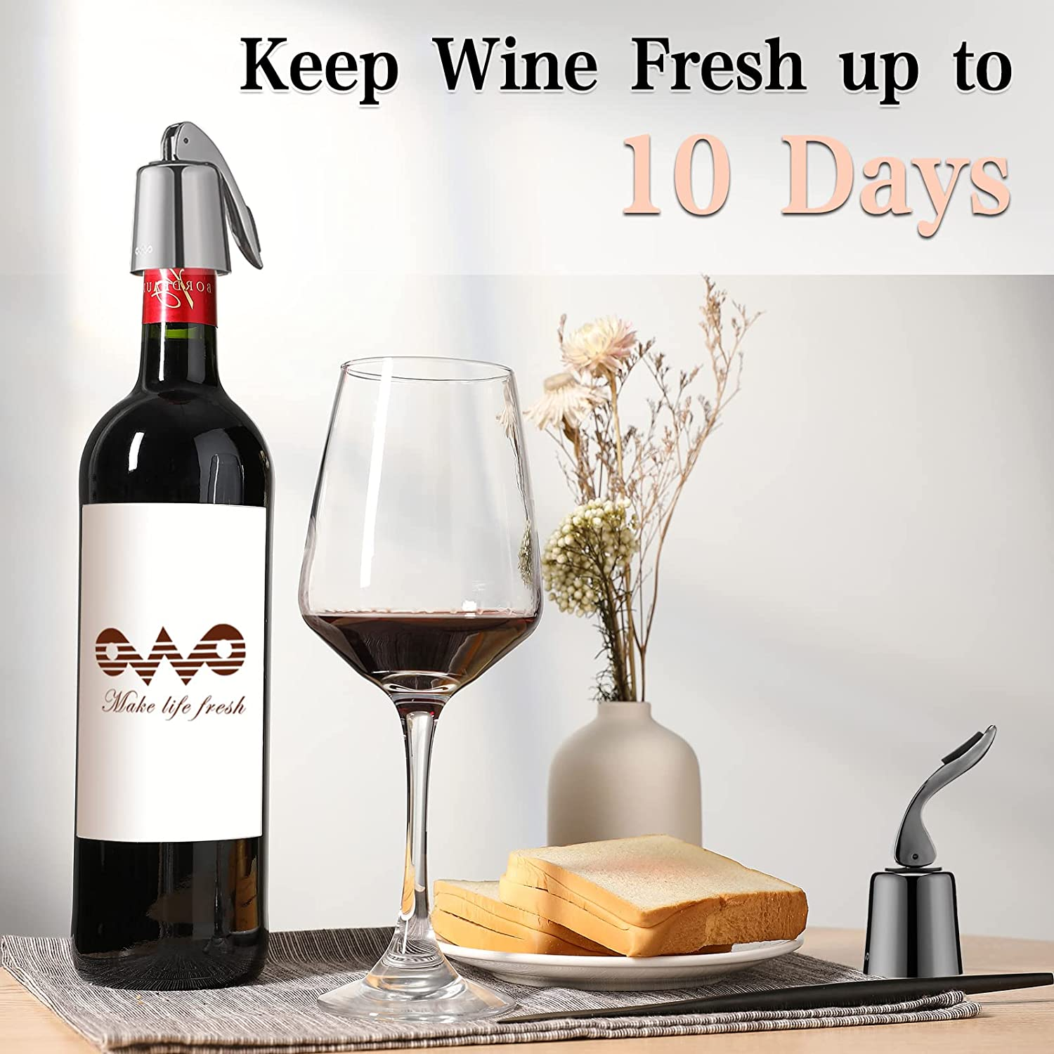 OWO Stainless Steel Wine Bottle Stopper, Reusable Wine Saver with Silicone Seal, Decorative Bottle Sealer, Keeps Fresh (Metal Black, 2 Pack) image number 6