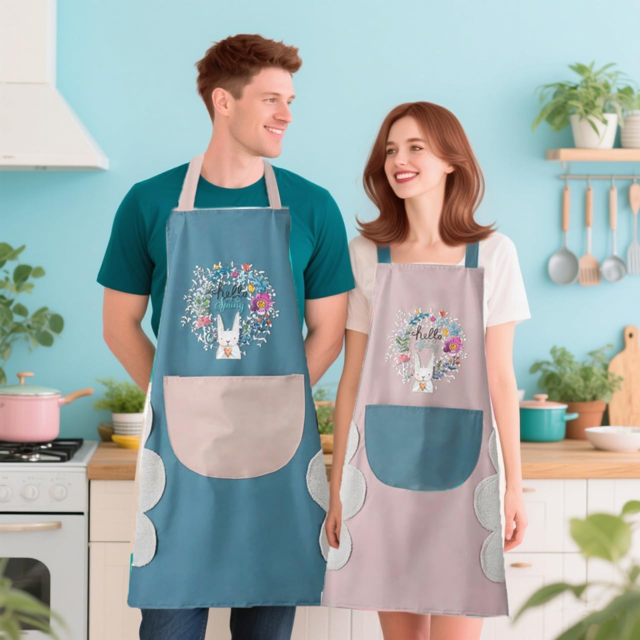 2Pcs Bib Aprons Waterproof and Oil-Proof with Pockets Can Wipe Hands Adjustable for Women Men Blue and Pink for Kitchen Cooking BBQ