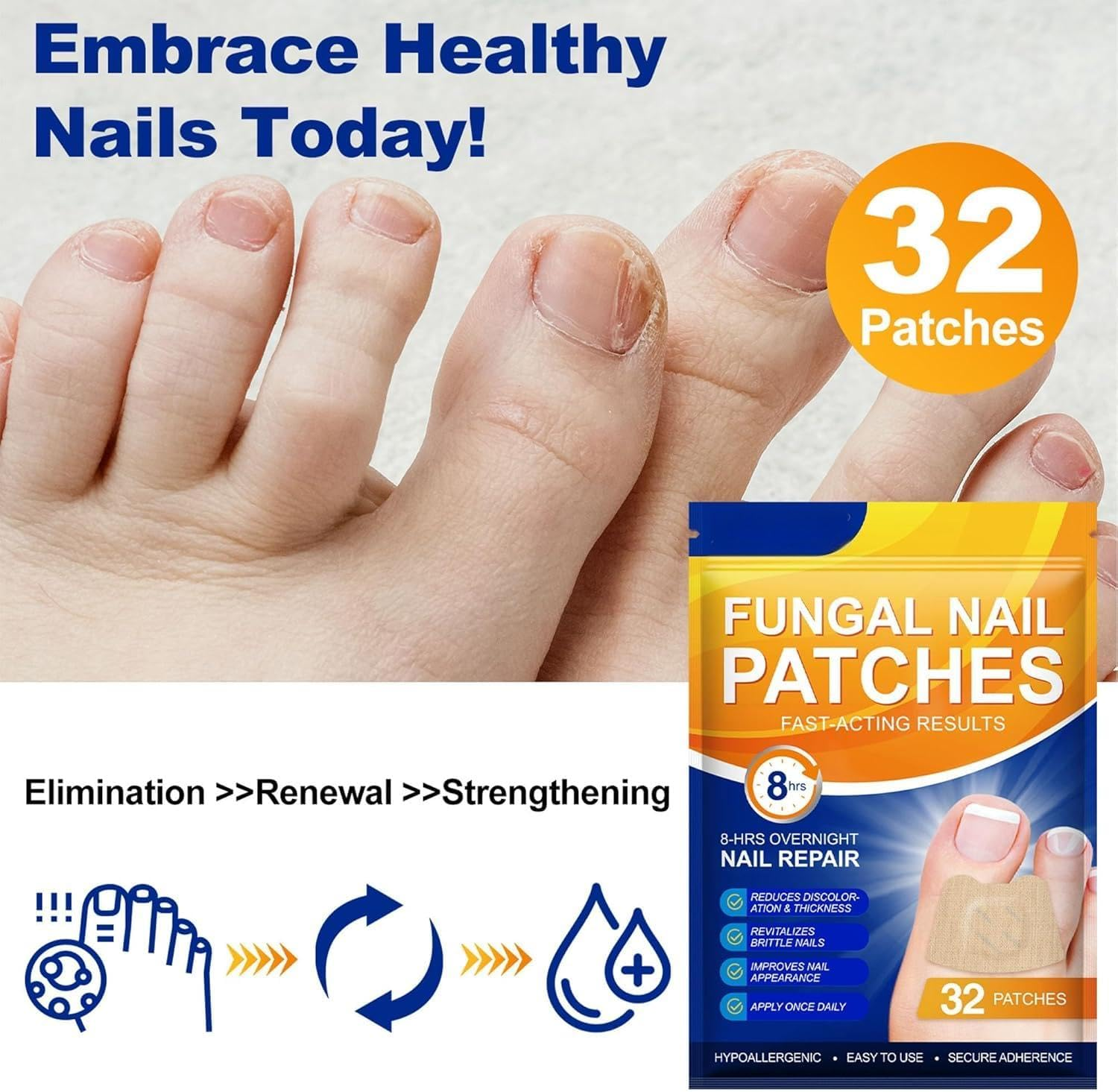 Fungal Nail Patches 32PCS for Toenails Overnight Treatment Damaged Foot Nails Repair Care Safe for Sensitive Skin Easy to Apply image number 5