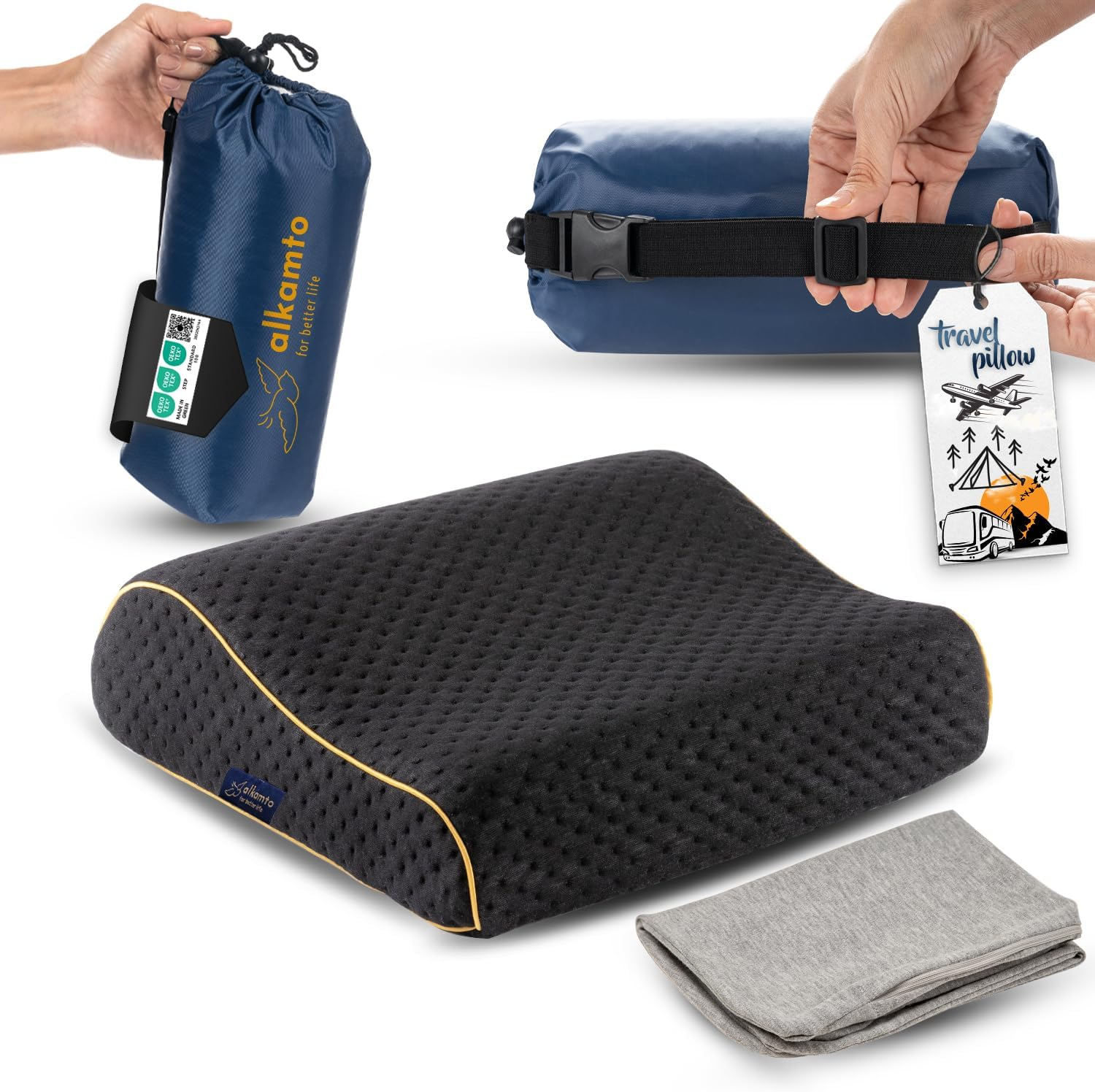 Alkamto Travel & Camping Comfortable Memory Foam Pillow with Extra Cotton Cover &ndash; Easy to Carry Portable Bag &ndash; Temperature Regulating Pillow Case - Perfect for Travelling/Fishing/Backpacking/Hiking