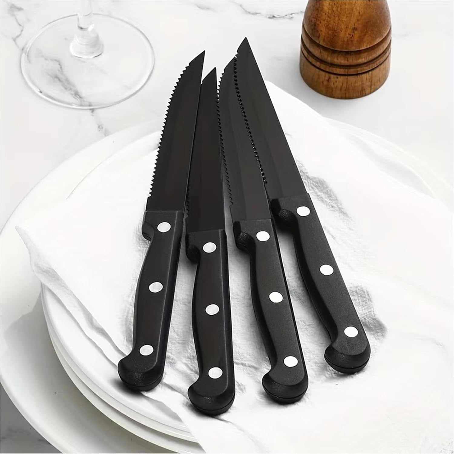 Steak Knives Serrated Set of 6, Stainless Steel Steak Knife Set, Restaurant Quality, Stainless Steel, 4.25-Inch, Sharp Tip (Elegant Black) image number 5