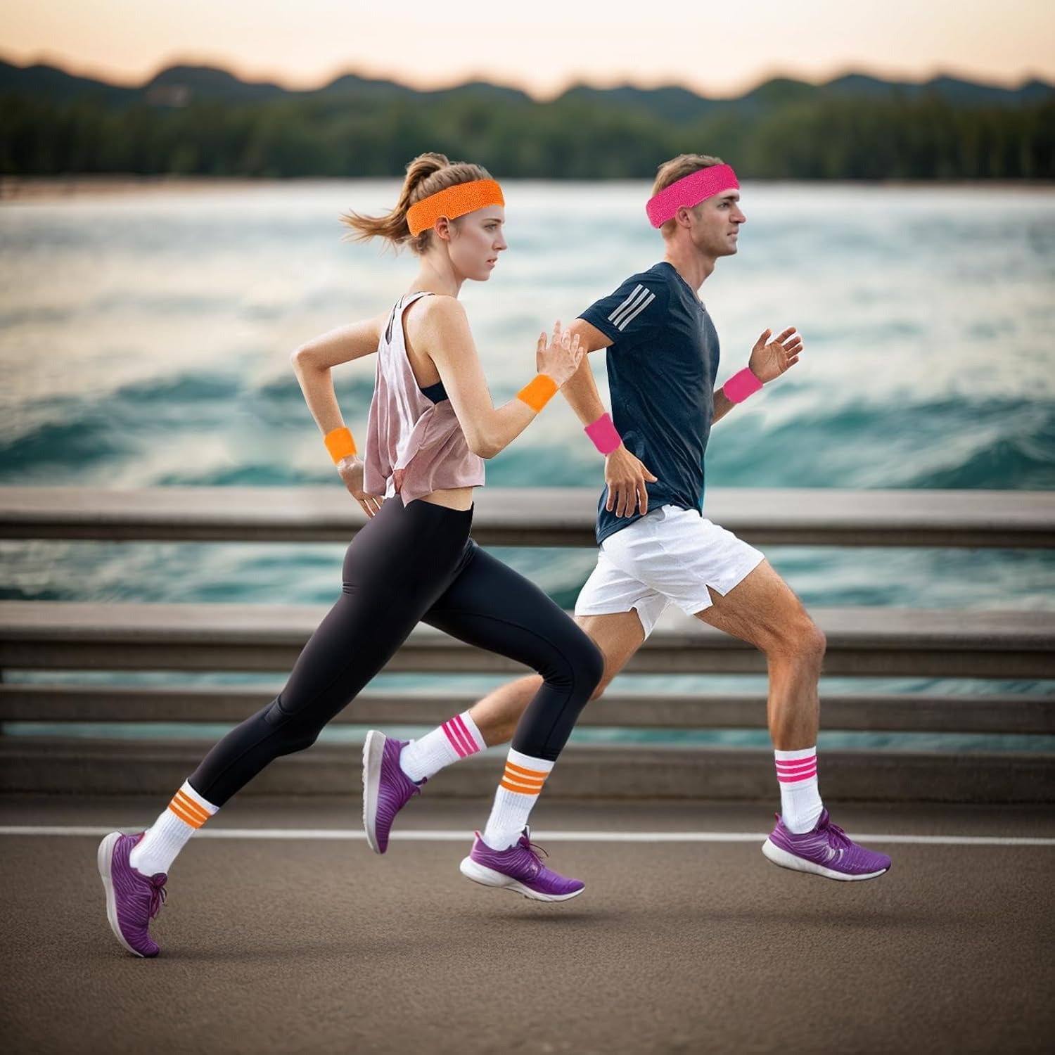 5 Pack 80S Striped Sweatbands Set &ndash; Cotton Headband, Wristband, Colorful Athletic Socks for Women, Sports Workout Accessories, Mardi Gras image number 1