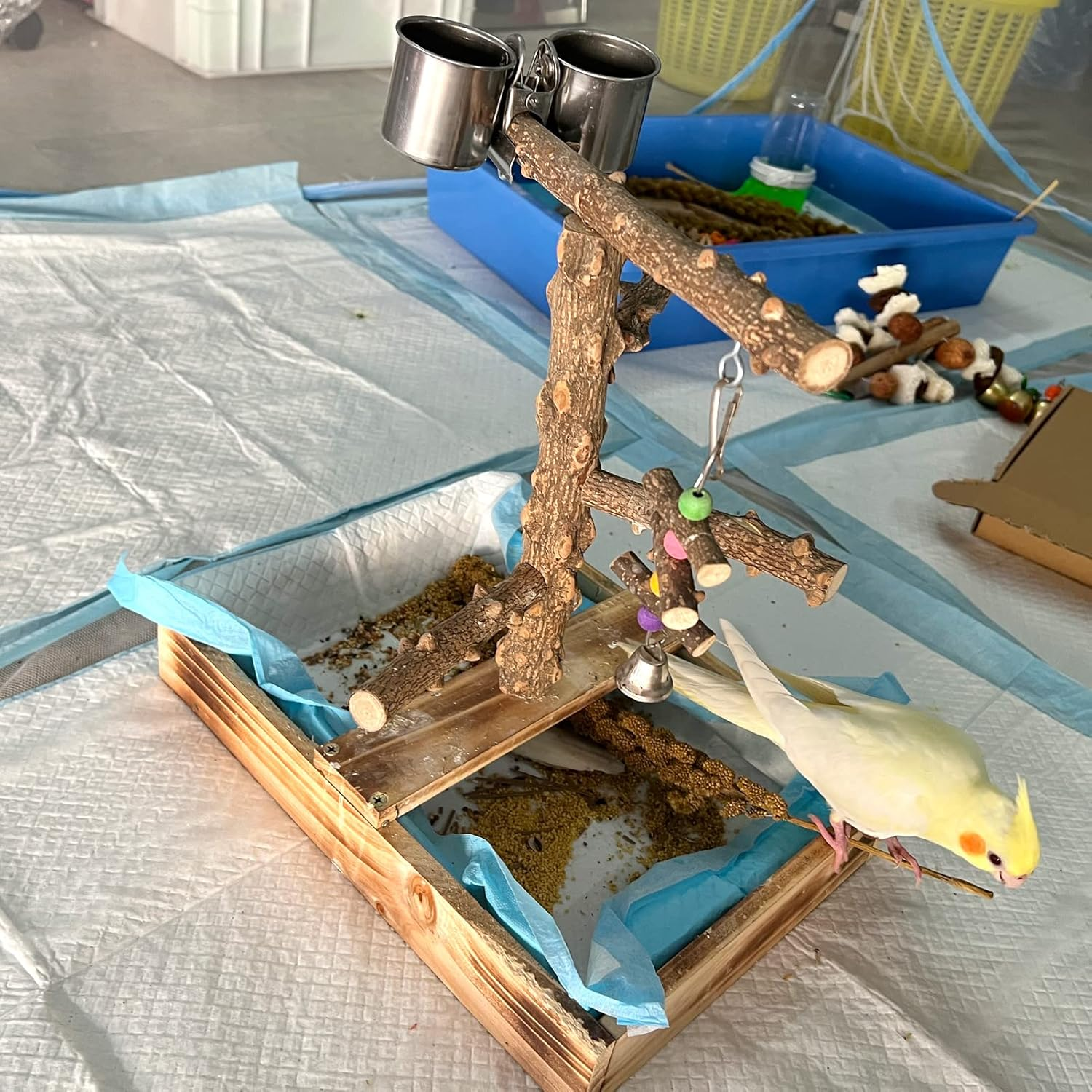 Natural Wood Bird Toys Playground, Bird Cage Accessories, Bird Perches, with Removable Tray and 2 Stainless Steel Cups image number 2