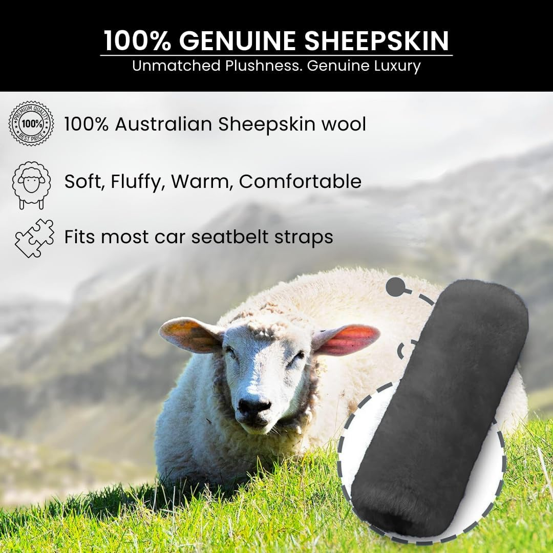 Andalus Genuine Sheepskin Car Seat Belt Cover Pad &ndash; Soft Fuzzy, Comfy Fluffy Seatbelt Covers, Shoulder Pad Neck Cushion Protector, Car Accessories for Woman, Man, Girl (Graphite, 2-Pack) image number 5