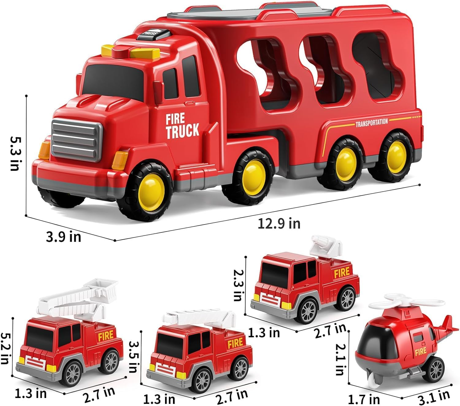 TEMI Fire Truck Toys for 2 3 4 5 6 Years Old Boys Girls - 5 in 1 Carrier Truck Transport for Toddlers 1-3, Friction Power Fire Engine Toys for Kids 3-5, Christmas Birthday Gifts image number 3