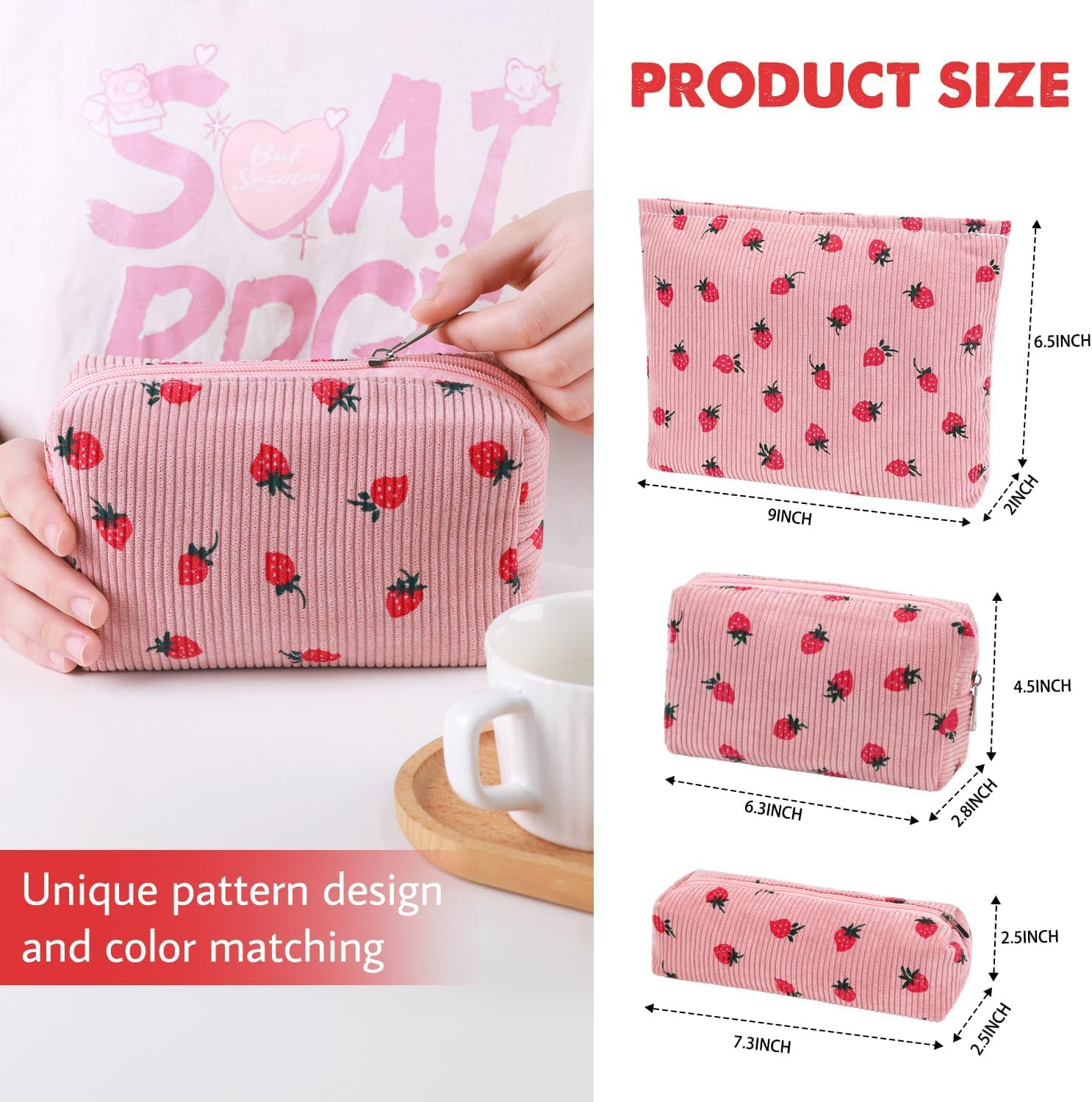 3 Pcs Checkered Makeup Bag Cosmetic Bag Set for Girls Women, Travel Organizer Bathroom Toiletry Pouch Large Capacity Storage Bag (Strawberry Pink) - Strawberry Beige image number 1