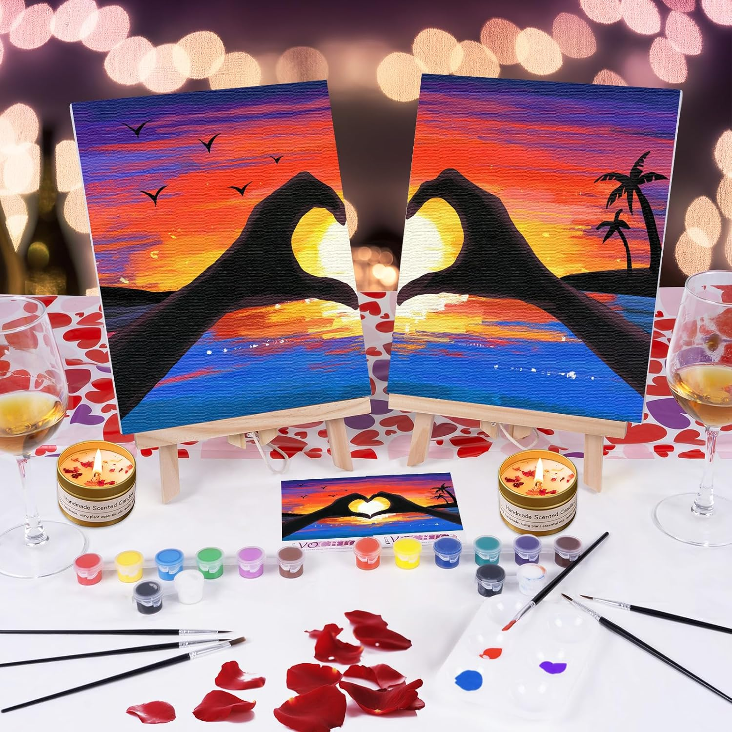 VOCHIC Sip and Paint Kit, Pre Drawn Canvas Painting Kit for Adult, Paint Art Set with Outline Canvas for Adults Date Night Games Couples Sunset Heart, Valentine'S Day, 2 Pack (8 X 10 Inches) image number 1