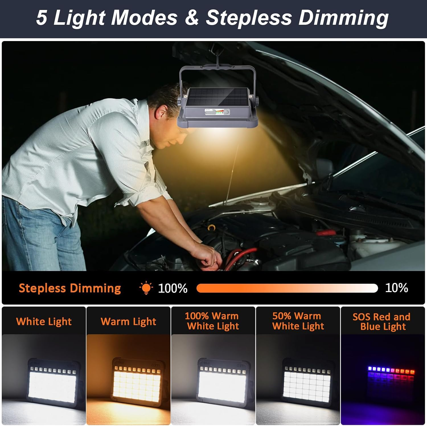 LED Solar Work Light 100W Portable Worklights with 5Modes Rechargeable Flood Light Waterproof Outdoor Working Lamp for Camping Garage Car Repairing Construction Site Lighting image number 6