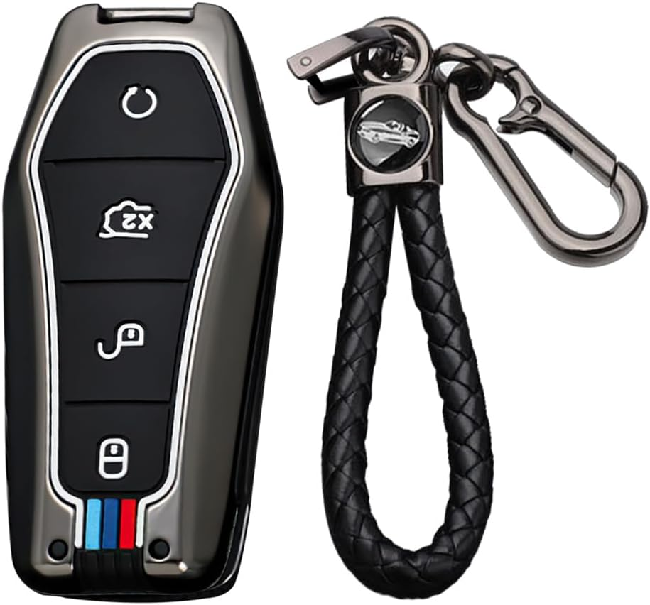 Zinc Alloy Key Fob Cover with Keychain Fit for BYD Han Ev Tang Dm 4 Button Car Key Case Cover Protector Key Cover