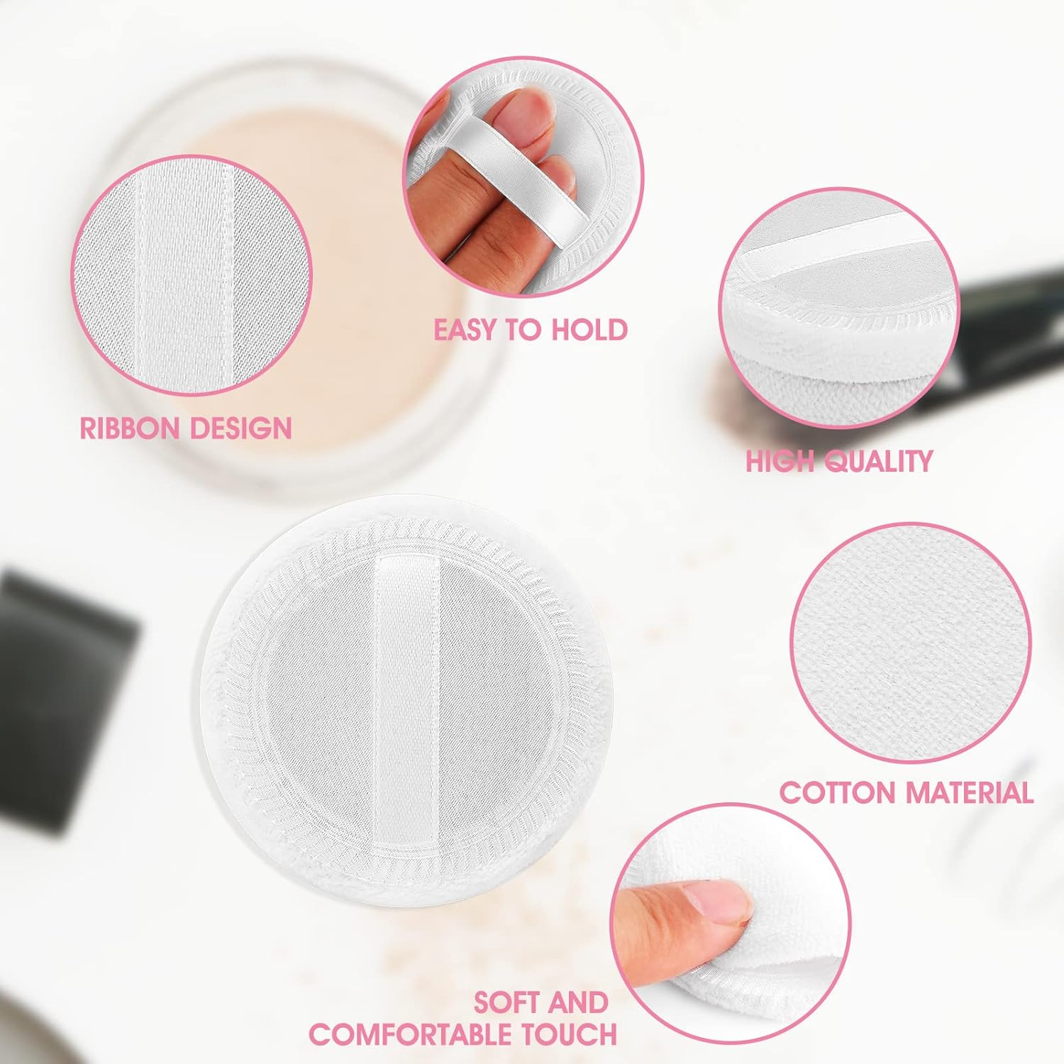 Sibba Loose Powder Puff 12 Pieces round Velour Face Makeup Compact Body Container Setting Pressed Blending Foundation Cream Make up Ribbon Strap Sponge Cushion Halloween Cosmetic Applicator (White) image number 1