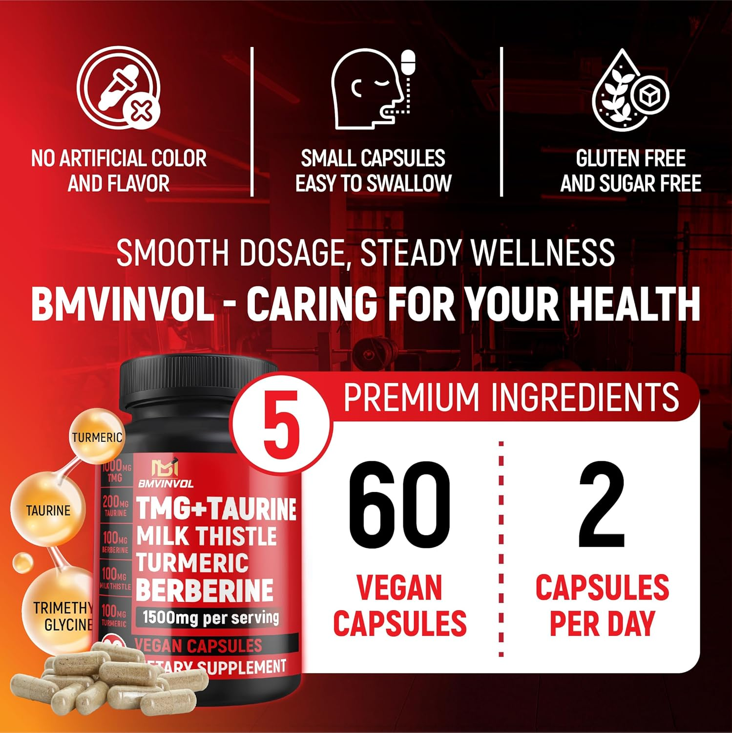 TMG Trimethylglycine Supplement with Taurine, Berberine, Milk Thistle, Turmeric - 60 Vegan & Non-Gmo