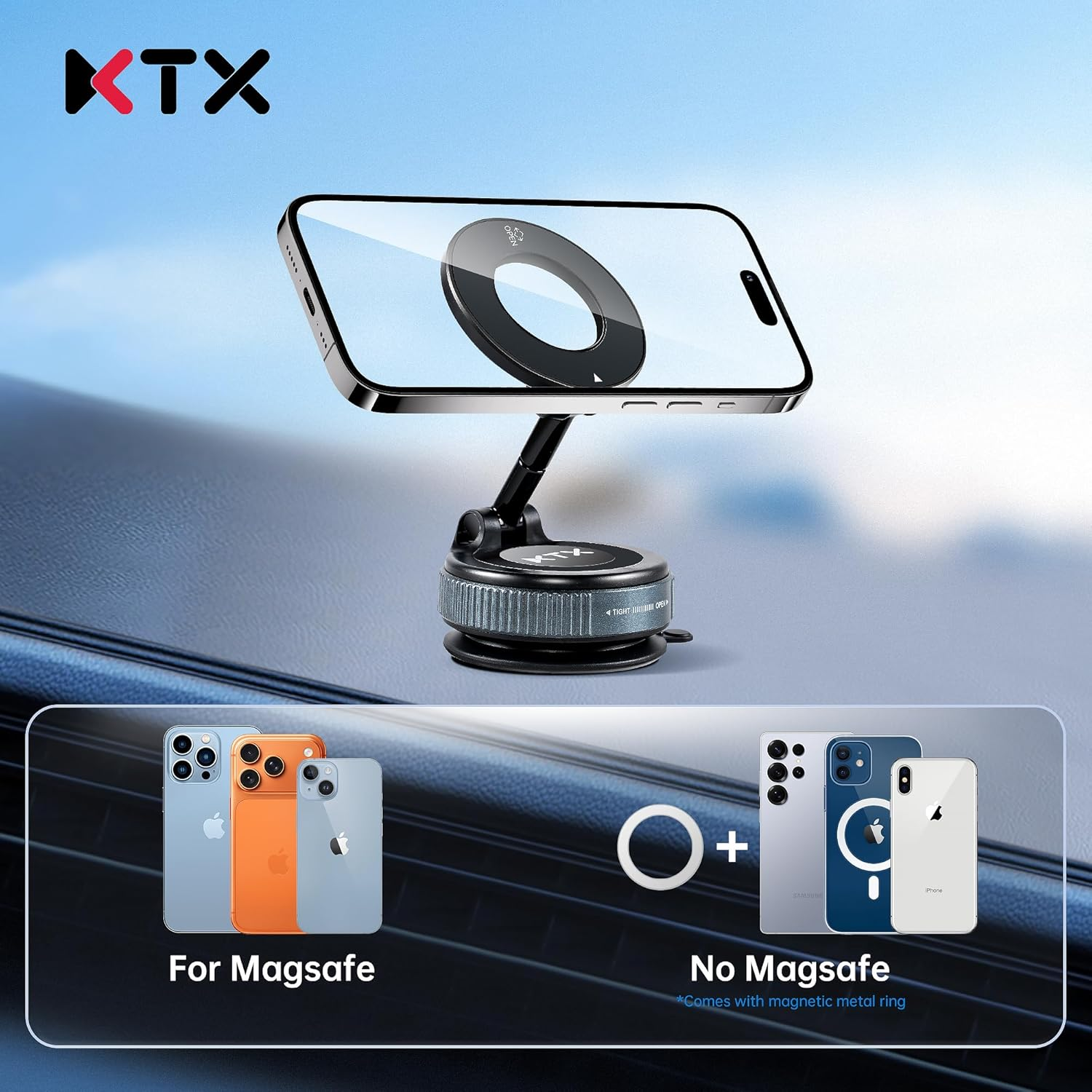 KTX Magnetic Car Mount Holder with Adjustable Ring Base, 360&deg; Rotation Dashboard Phone Stand Compatible with Magsafe &ndash; Strong Magnet, Secure Lock Design, Easy One-Hand Use image number 1