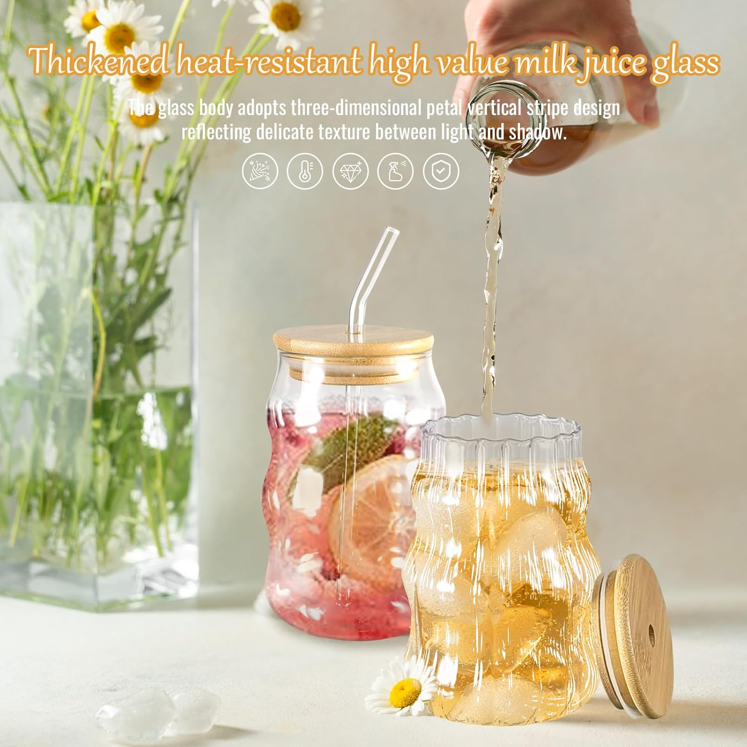 2 Pcs Ribbed Glass Cup Set 18 Oz Wave Shape Design Bubble Cups Vintage Drinking Glassware for Iced Coffee Milk Juice Cocktails Beverage image number 4