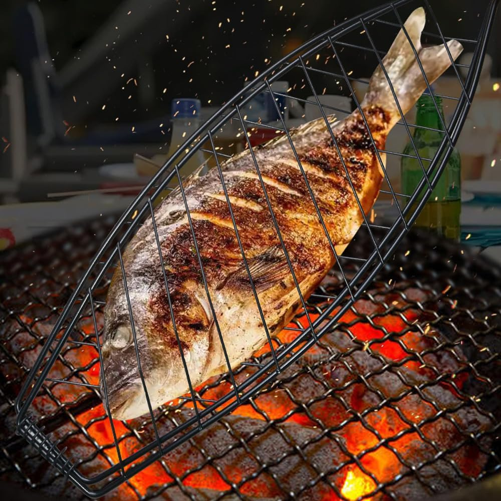 Leona Co Non-Stick BBQ Fish Grill Basket &ndash; 14X58Cm, Stainless Steel with Wooden Handle &ndash; Ideal for Grilling Fish, Meat & Vegetables