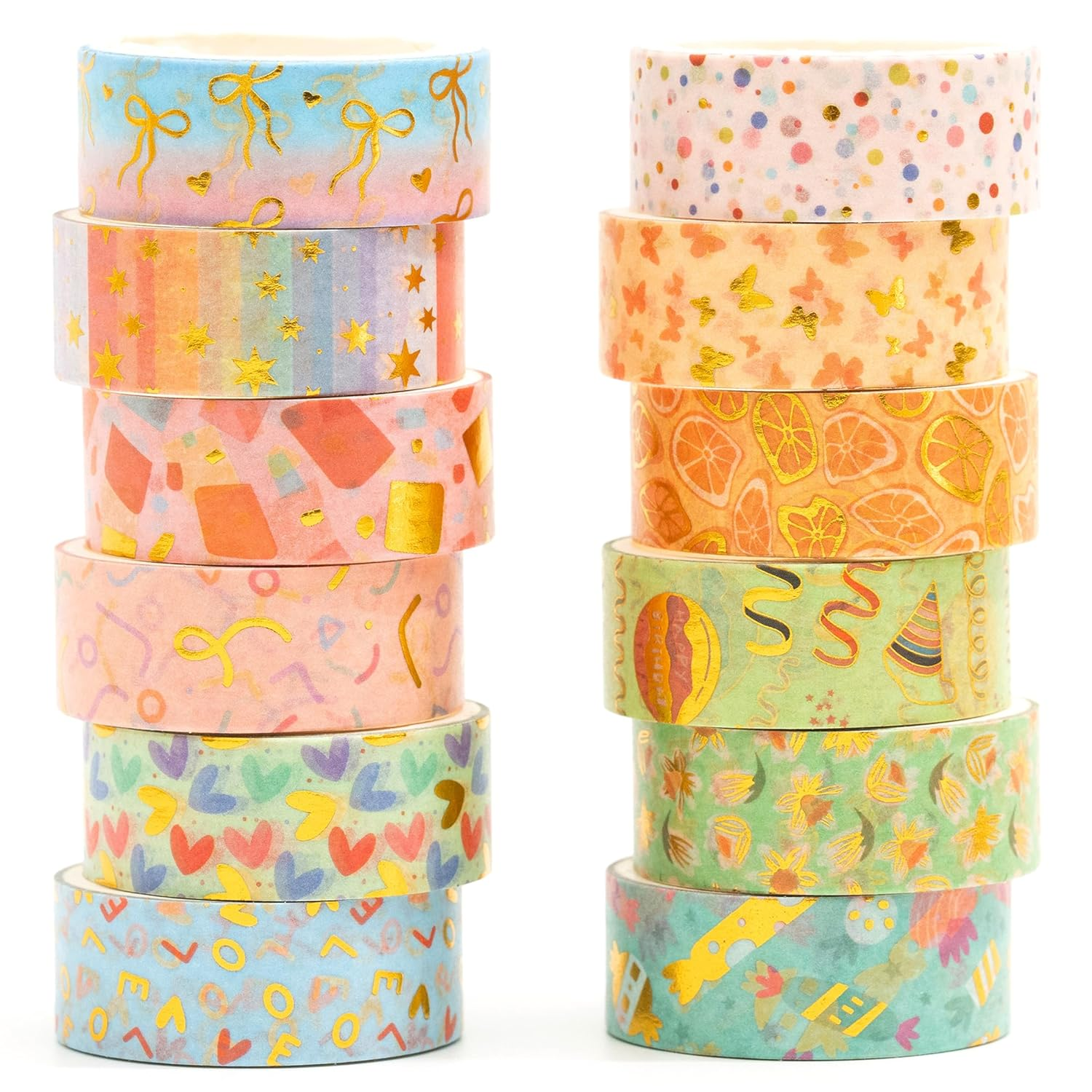Songdao 12 Rolls Charming Washi Tape Set Gold Silver Foil Detailing Arts Adhesive Tapes Basic Patterns Decorative Masking Tape Sets for Craft, Kids, Scrapbook, DIY, Gift Wrapping (Whimsical Pastels) - Fruits Feast image number 4