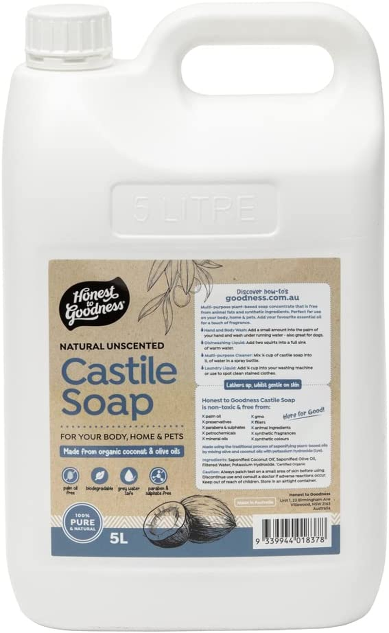 Honest to Goodness, Natural Unscented Castile Soap, 5L - Made from Olive Oil and Certified Organic Coconut Oil, Perfect for Use on Your Body, Home, Pet and Garden. image number 2