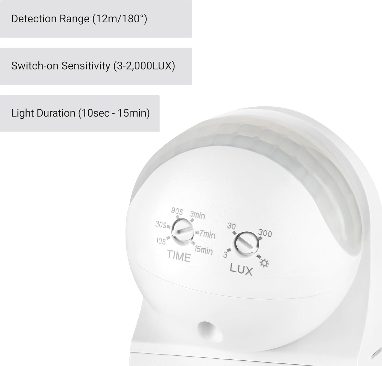 SEBSON Outdoor Motion Detector IP44, Surface-Mounted, Wall Mounting, Programmable, Infrared Sensor, Range 12 M / 180&deg;, Suitable for LED, Swivelling, 3-Wire image number 2