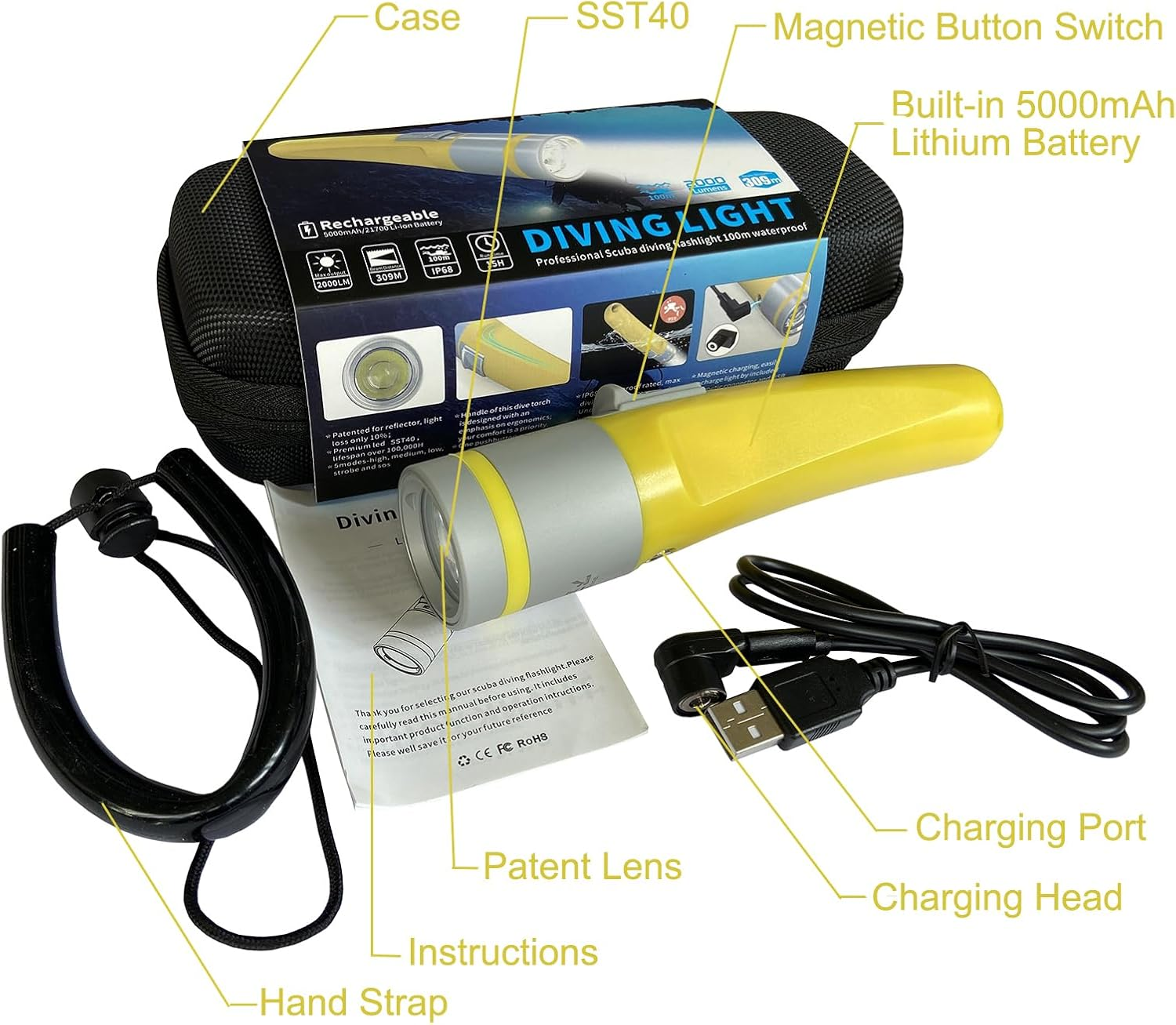 Dive Light Scuba Diving Flashlight, Professional Underwater Flashlight IPX8 Waterproof, Built-In Rechargeable 5000Mah Batteries, 2000 Lumen Diving Torch Best for Snorkeling, Caving and Spearfishing image number 3