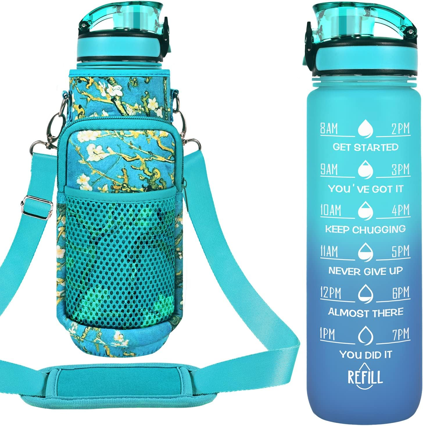 32 Oz Water Bottles with Straw & Strap, Motivational Water Bottles with Times to Drink, BPA Free Reusable Sports Water Bottle with Sleeve Carrier for Hiking, Travel, Running or Fitness (Sunflowers)