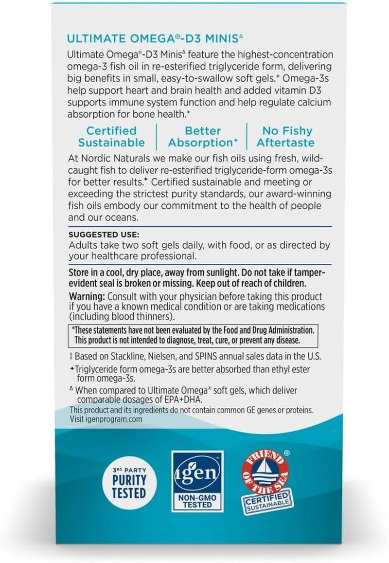 Nordic Naturals Ultimate Omega 2X Mini D3, Lemon Flavor - 1120 Mg Omega-3 + 1000 IU Vitamin D3-60 Mini Soft Gels - Omega-3 Fish Oil - EPA & DHA - Promotes Brain & Heart Health - 30 Servings - Fish image number 4