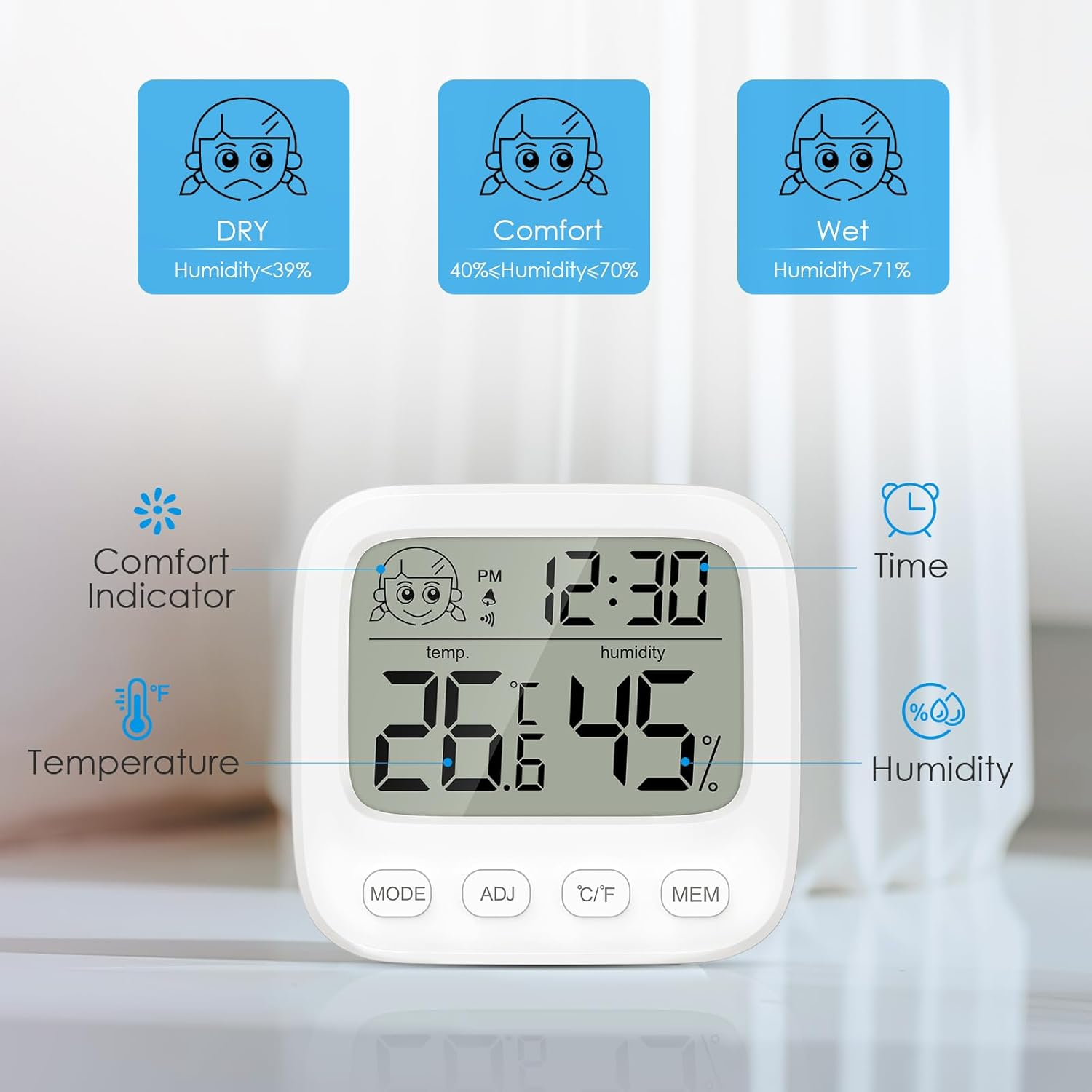 AMIR Digital Hygrometer Thermometer Indoor, Room Thermometer and Humidity Gauge with Temperature Humidity Monitor, Clock, ℃/℉ Function, 12/24H, Date, for Home, Garage, Greenhouse image number 4