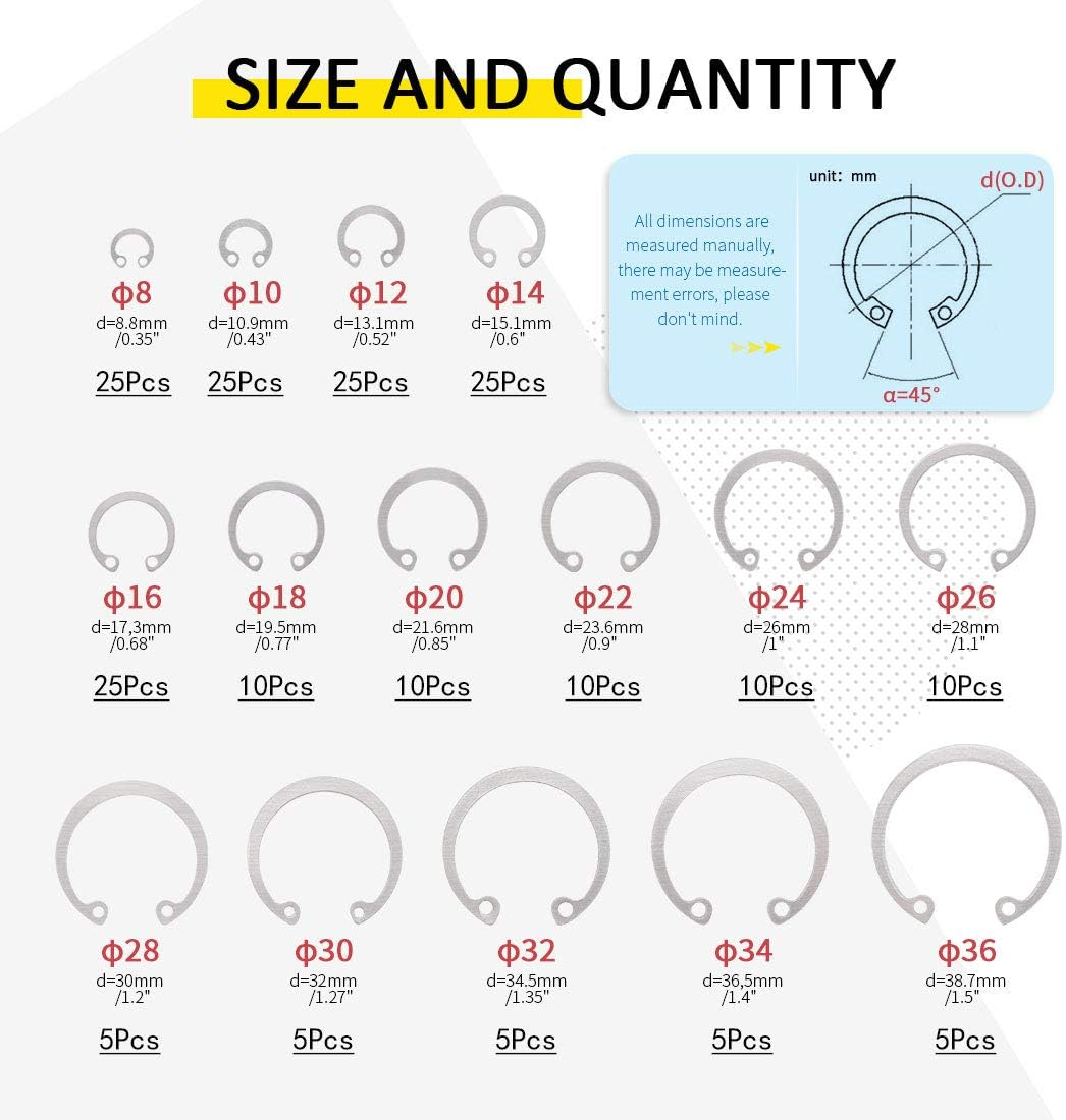 Hilitchi 200-Pcs [15-Size] Internal Circlip Snap Retaining Clip Ring Assortment Set - 304 Stainless Steel image number 1