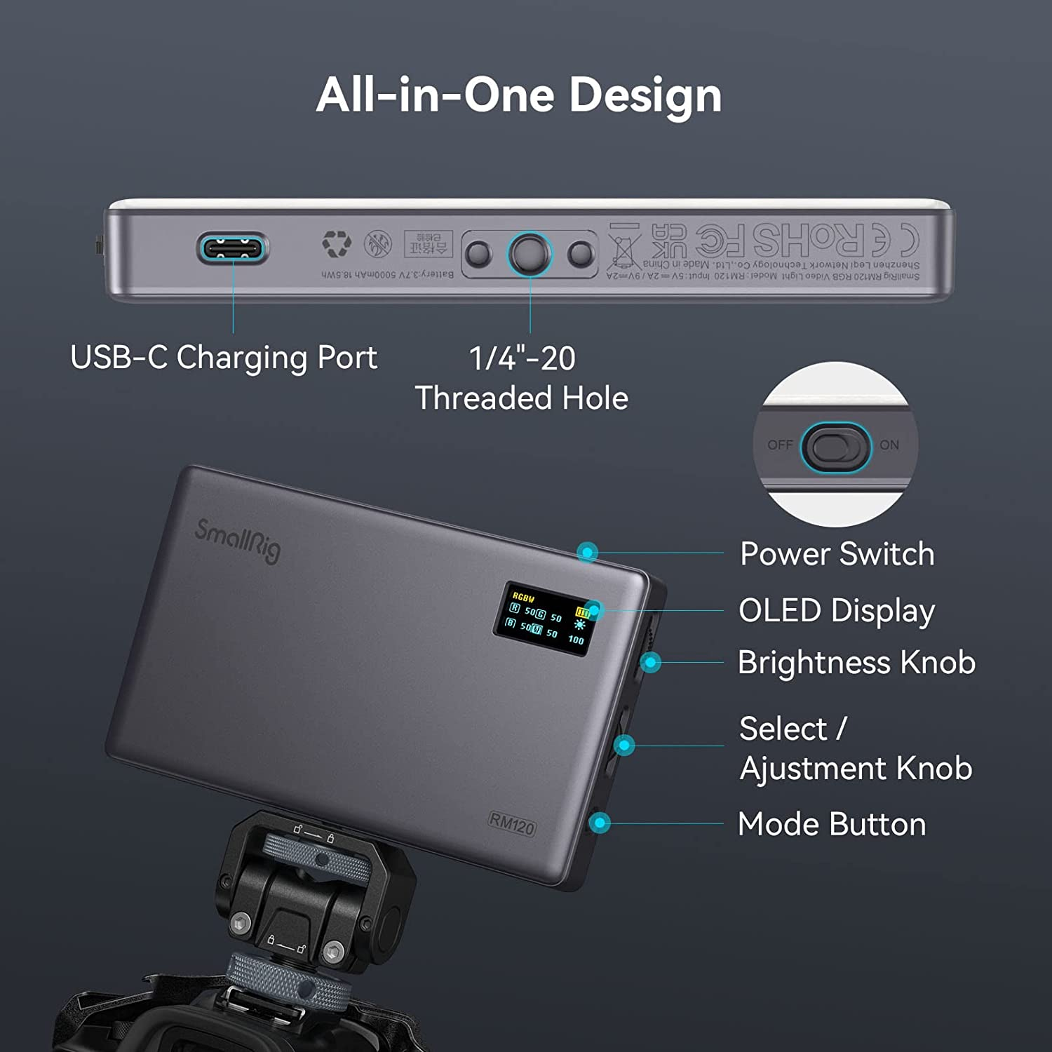 Smallrig RM120 RGB Video Light Portable on Camera,5000Mah Long Battery Life,Professional Video Conference Lighting 2500K-8500K 98+ CRI Full Color LED Light Panel for Tiktok,Photography - 3808 image number 2