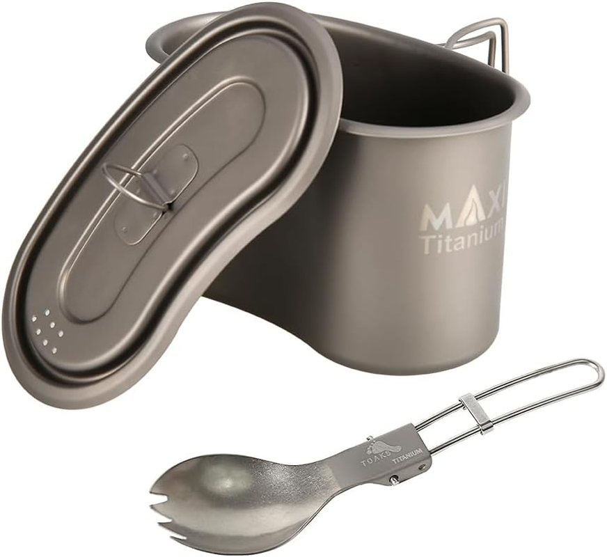 Titanium GI Cup and Titanium Spoon Combo, Camping Bowl 950Ml Lunch Box with Foldable Handle for Outdoor Camping Hiking Backpacking (Cup+Titanium Spork)