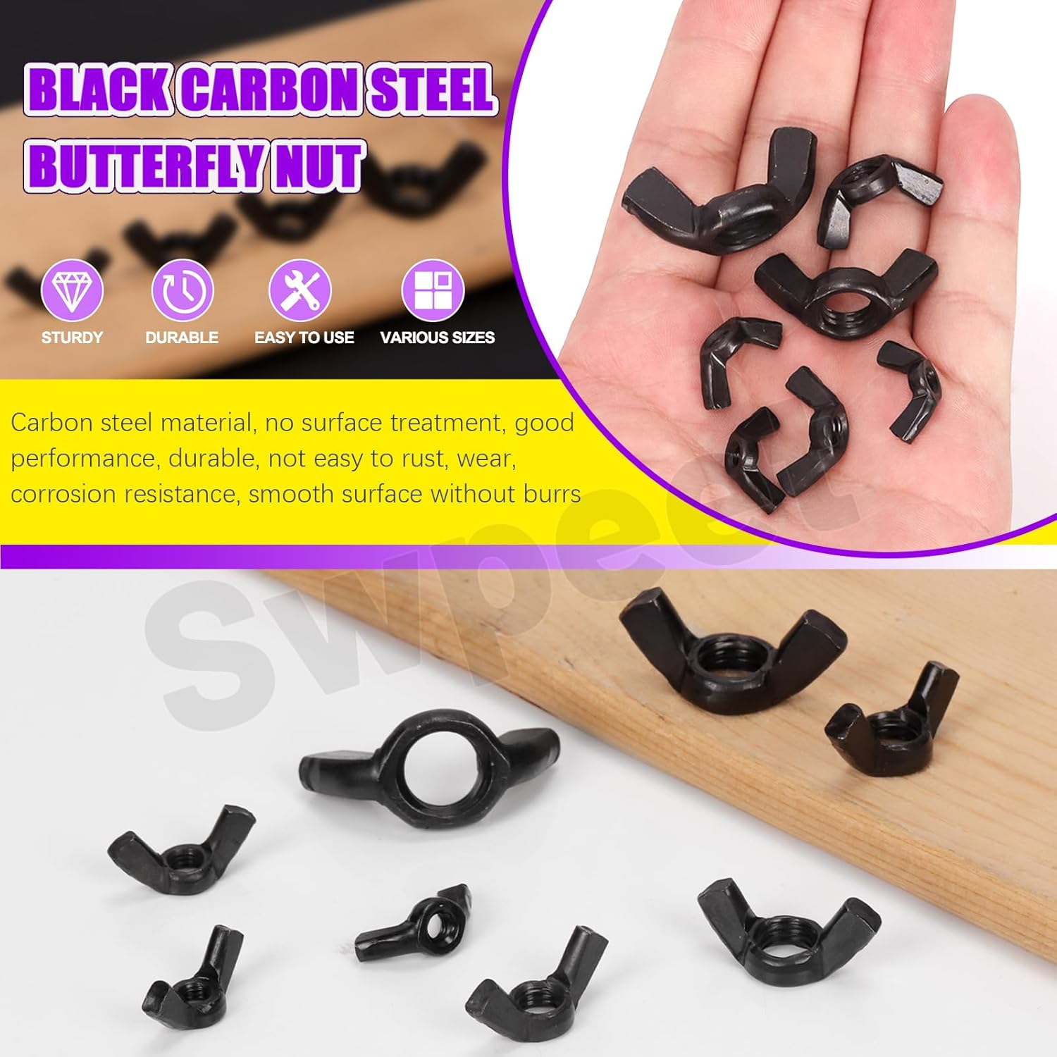 Swpeet 135Pcs Black High Strength Carbon Steel Serrated Metric Wing Nuts Butterfly Nuts Hex Dome Cap Assortment Kit, 7 Sizes - M3 M4 M5 M6 M8 M10 M12 image number 5