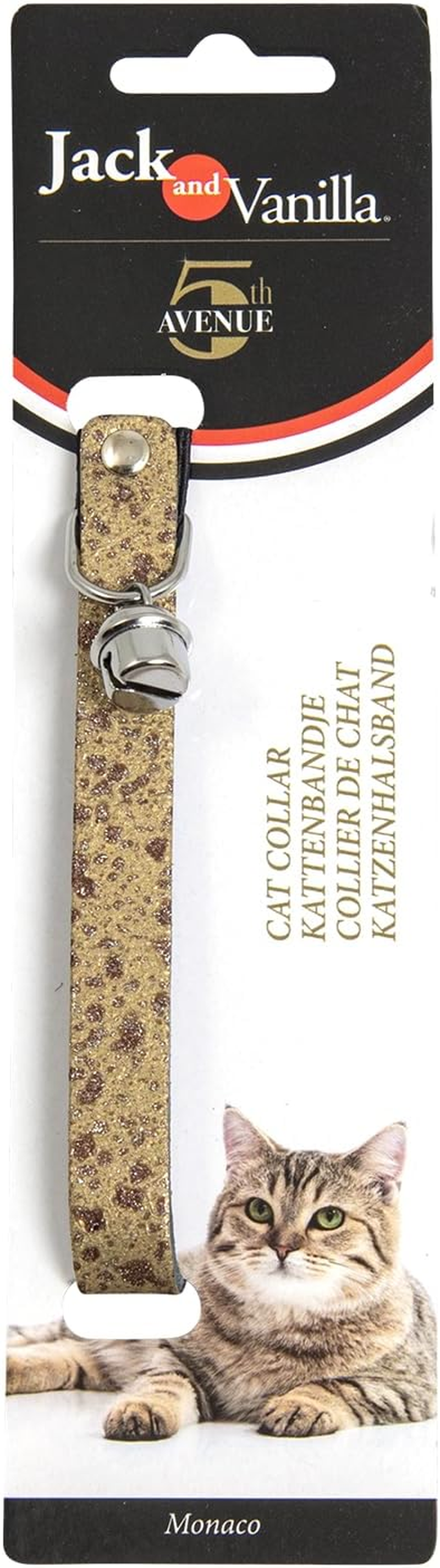 JACK and VANILLA, Elegant Gold Cat Collar, Adjustable and Secure, Designed for the Comfort and Safety of Your Pet, Size 14 Mm X 30 Cm, Gold Colour, Monaco Model