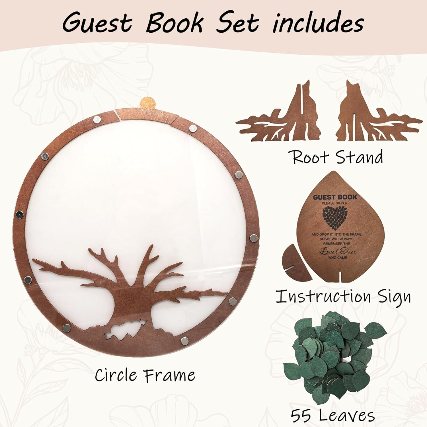 PAMBO Wedding Guest Book Alternative with 55 Green Leaves,Rustic Wooden Family Signing Tree Guest Book - 12" Handcrafted Wedding Decoration & Keepsake image number 2