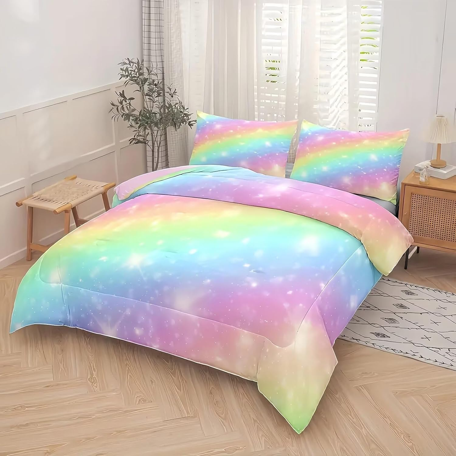 Tabeskly Kids Girls Bedding Set Single, Rainbow Cute Soft Zipper Childrens Full Bed 3 Piece Cover Duvet Quilt Covers and Pillowcases - Small Mildly Cosy Budget Bedclothes 135&times;200Cm