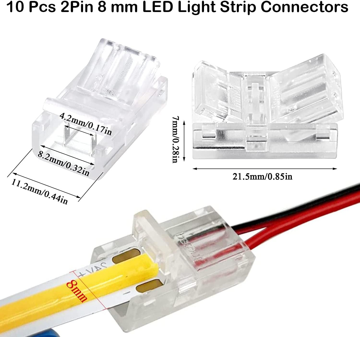 Paifeancodill LED Light Strip Connectors - 2Pin, 10 Pcs Lighting Connector, 8Mm Wide Unwired Gapless Solderless Strip to Wire Quick Adapter for Waterproof/Non-Waterproof Single Color LED Light Strip image number 5
