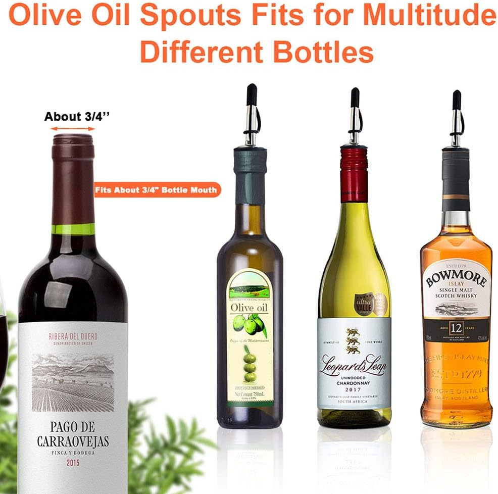 4PCS Olive Oil Spouts, Stainless Steel Classic Bottle Pourers Tapered Spout, Suitable for about 3/4" Bottle Mouth, Olive Oil Dispenser with Dust Caps, Funnels and Cleaning Brush image number 1