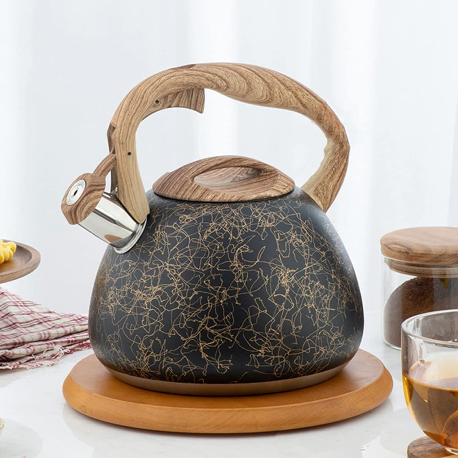 Stove Kettle， Gold Line Pattern Wood Grain Handle Stovetop Whistling Teapot, Home Kitchen Coffee Pot, Kettles, Tea Espresso Appliances image number 5