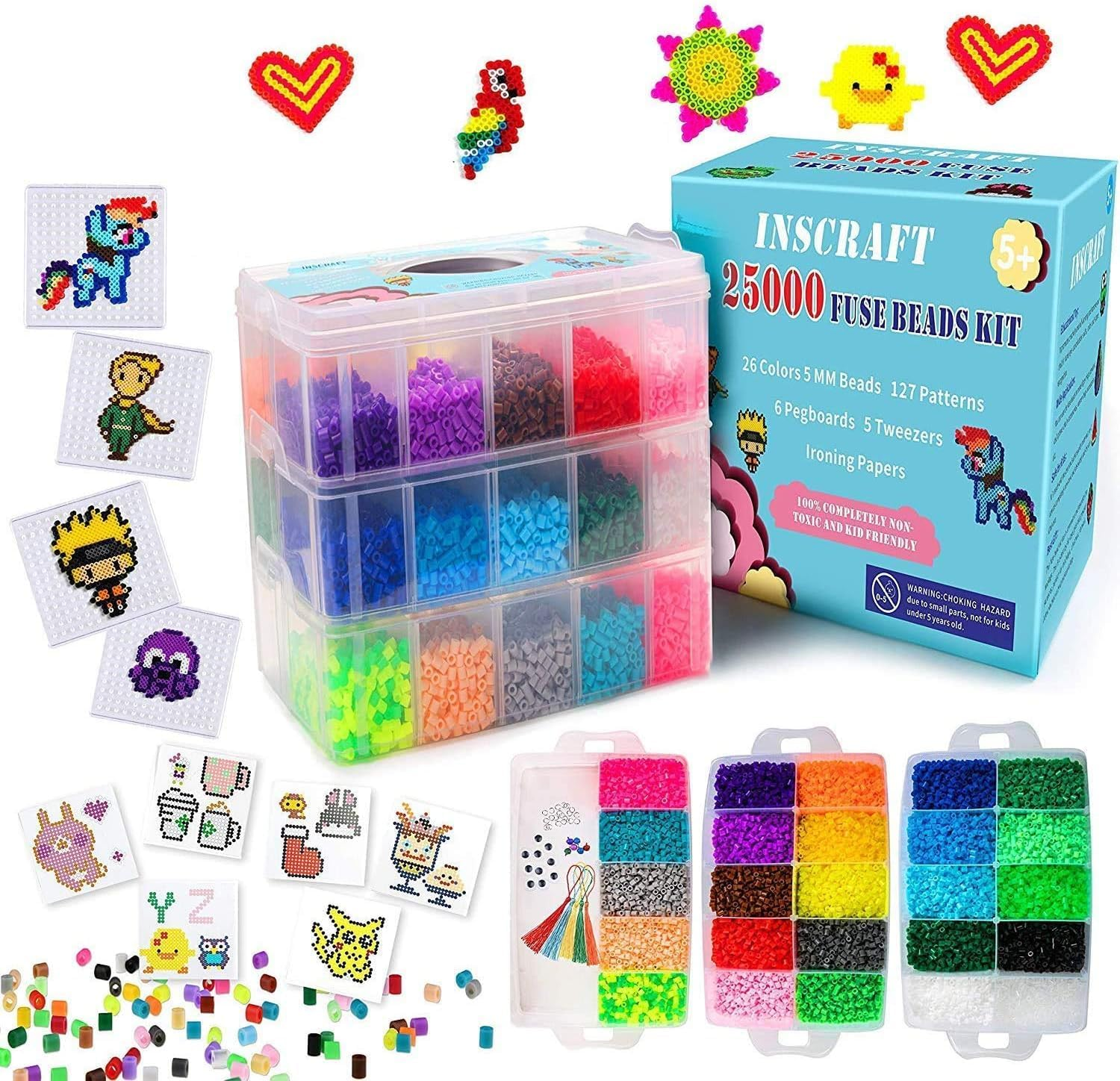 25,000 Pcs Fuse Beads Kit 26 Colors 5MM, Including 127 Patterns, 4 Big Square, 1 Heart Pegboards, 1 Flower Ironing Paper, Tweezers, Beads Compatible by INSCRAFT image number 3